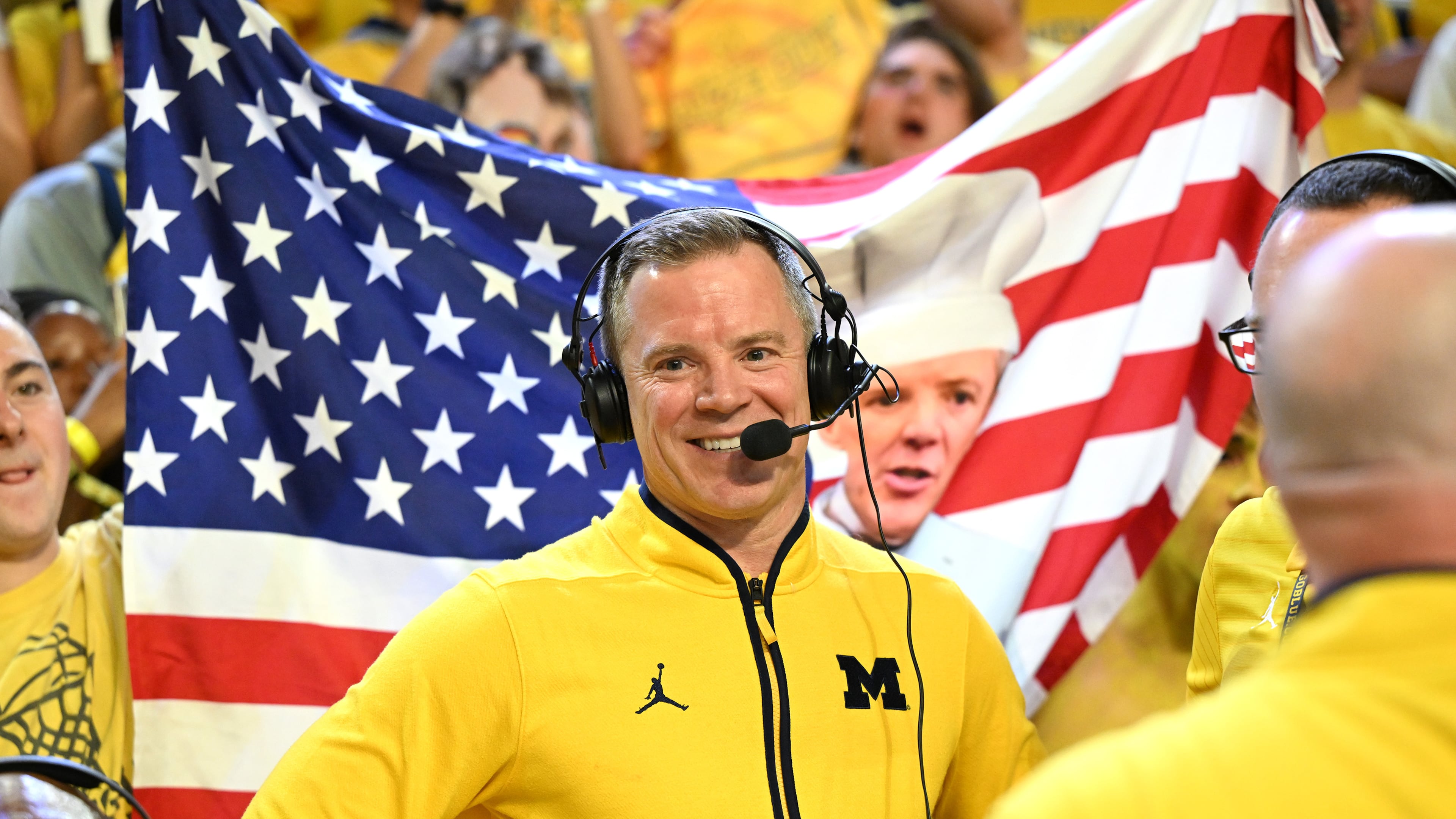 FILE - Michigan head coach Dusty May talks with the media following their a win over Michigan State after an NCAA college basketball game in Ann Arbor, Mich., March 8, 2026. (AP Photo/Lon Horwedel, file)