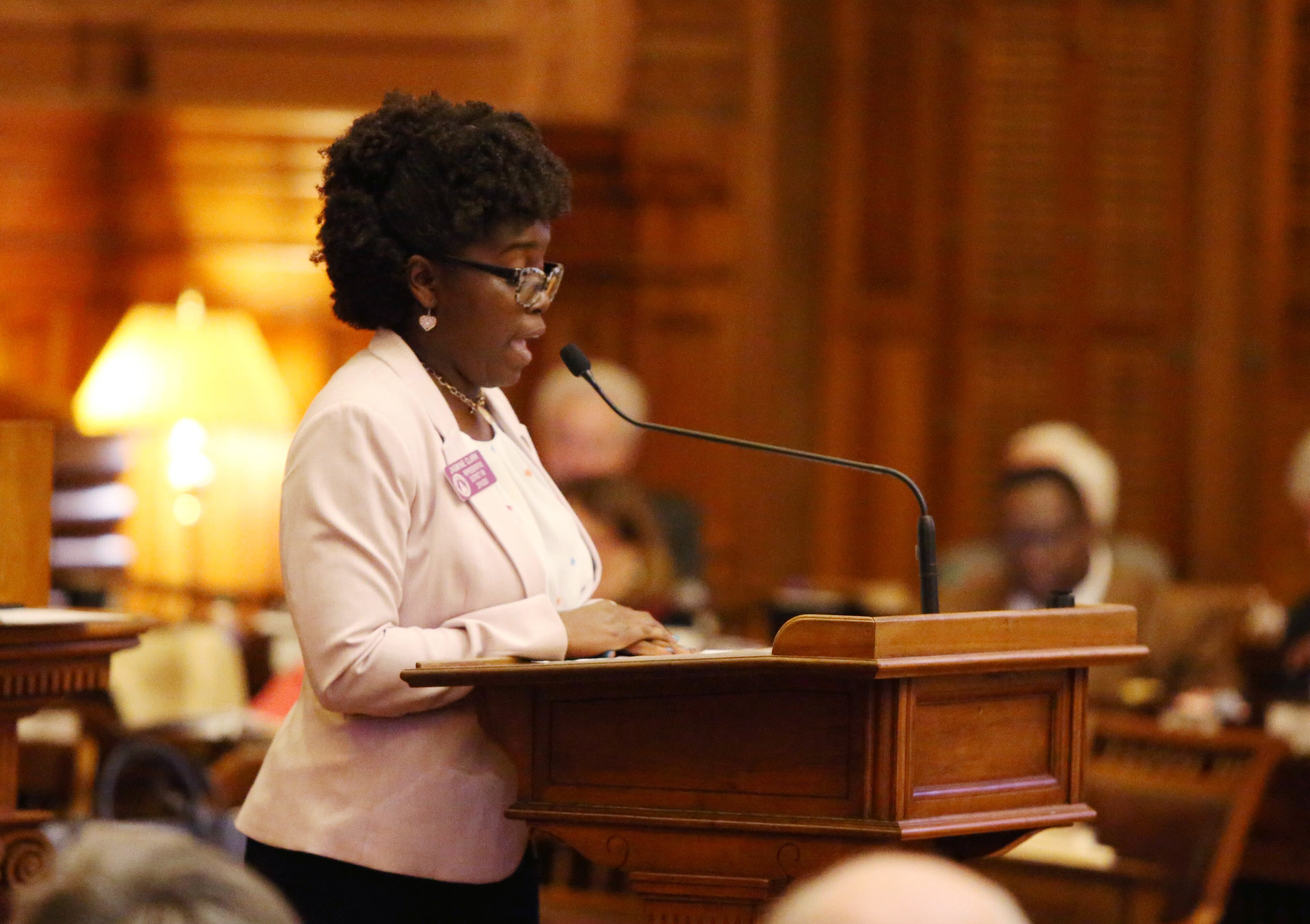 4/2/19 - Atlanta- Representative Jasmine Clark, district 108, speaks against SB 15 at the Georgia State Capitol in Atlanta, Georgia on Tuesday, April 2, 2019. SB 15 passed. Today is sine die day, the final day of the 2019 legislature. EMILY HANEY / emily.haney@ajc.com