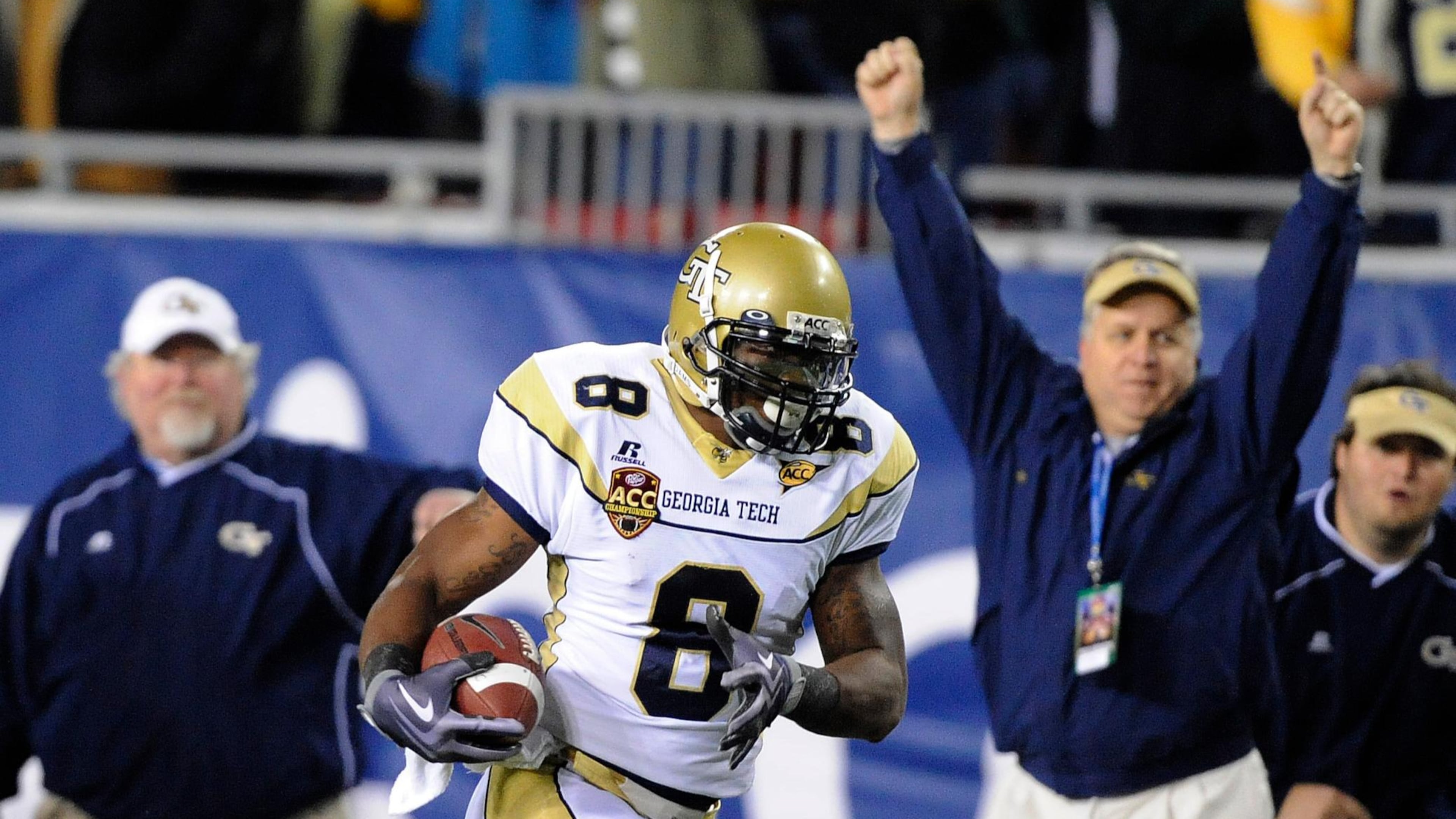 Georgia Tech's Demaryius Thomas runs for a touchdown in the third quarter of the ACC Championship Game on Saturday, December 5, 2009 in Tampa.
