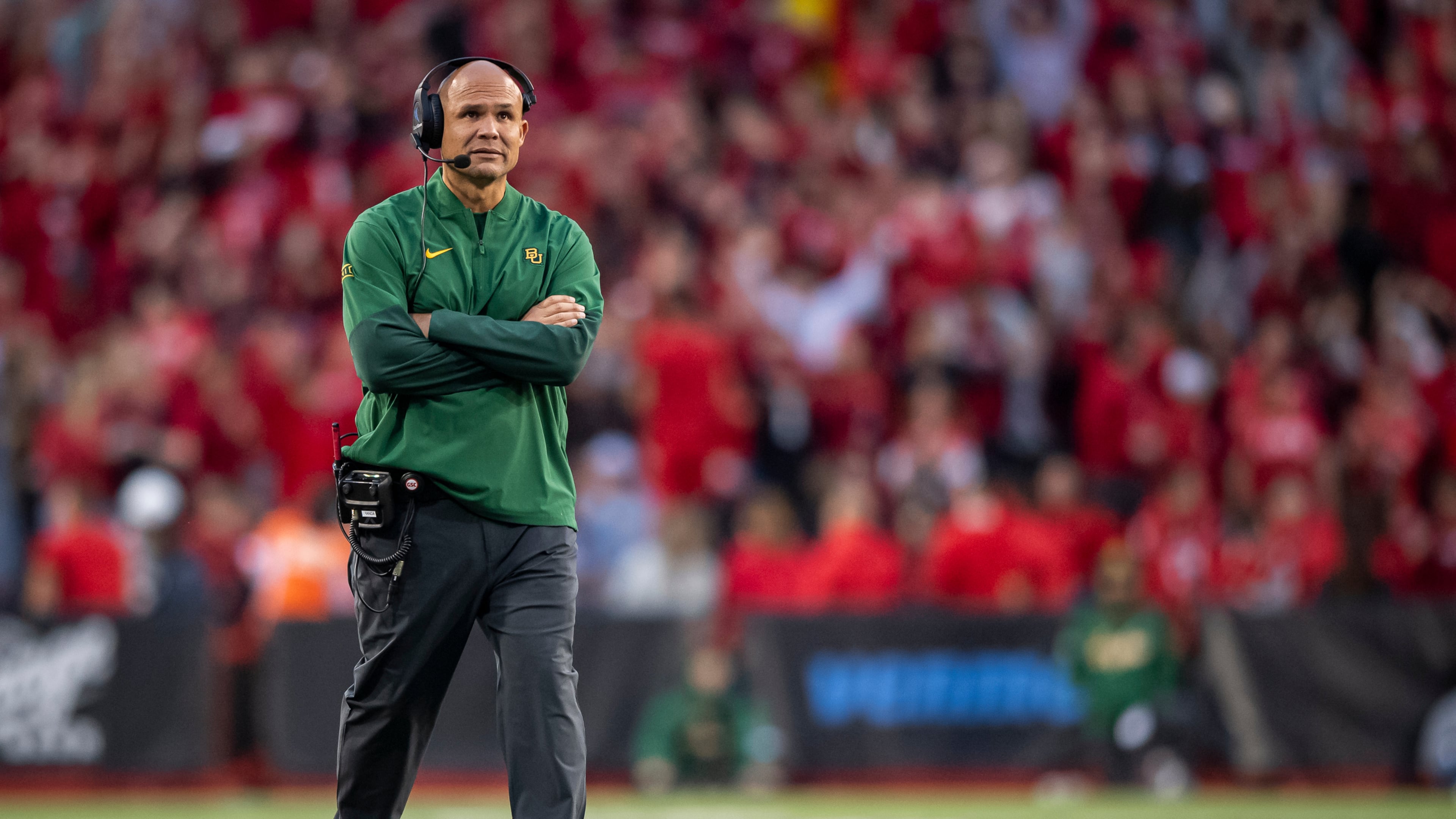 FILE - Baylor head coach Dave Aranda walks on the field during a timeout during the third quarter of an NCAA college football game against Cincinnati, Oct. 25, 2025, in Cincinnati. (AP Photo/Tanner Pearson, File)