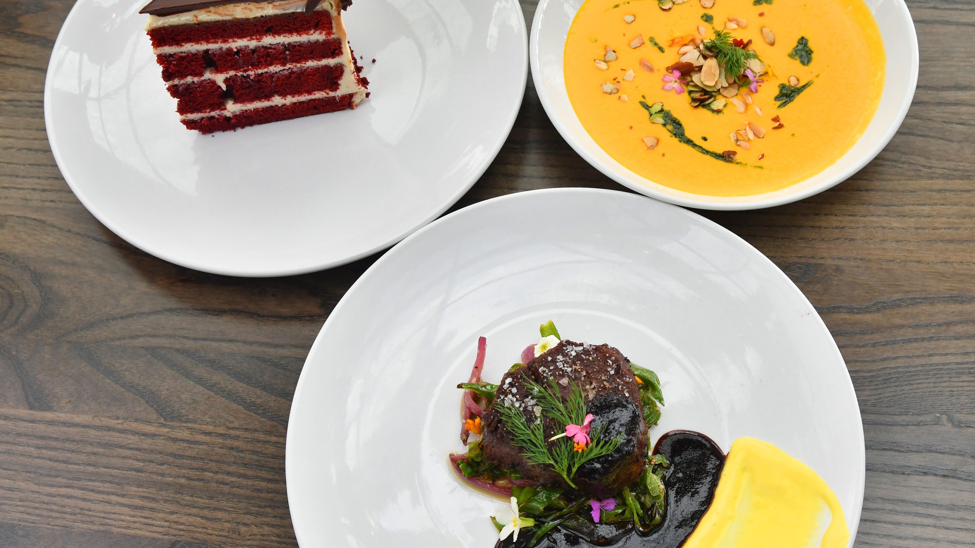 5Church chefs shared some recipes from their Valentine’s menu: Red Velvet Cake (upper left), Sweet Potato Bisque (upper right) and Filet Mignon (bottom center). (Styling by Rodney Smith and Ben Collins / Chris Hunt for the AJC)