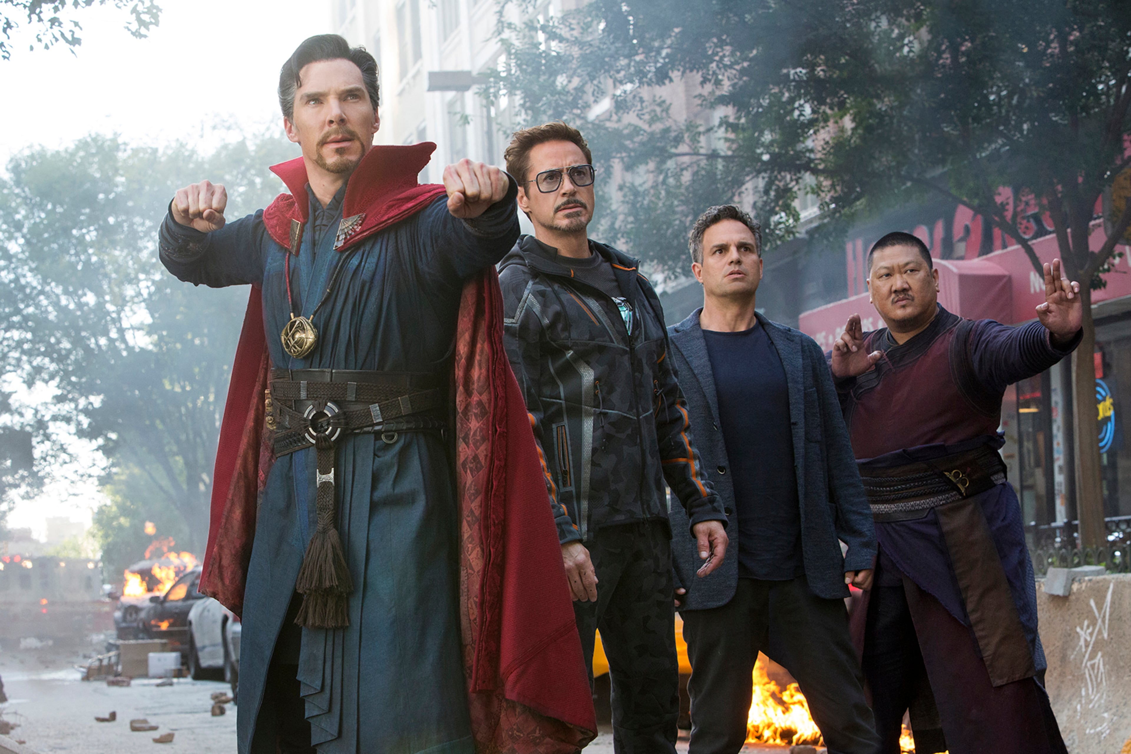 Benedict Cumberbatch as Doctor Strange (from left), Robert Downey Jr. as Tony Stark/Iron Man, Mark Ruffalo as the Hulk and Benedict Wong as Wong star in "Avengers: Endgame." (Chuck Zlotnick/Marvel Studios/TNS)