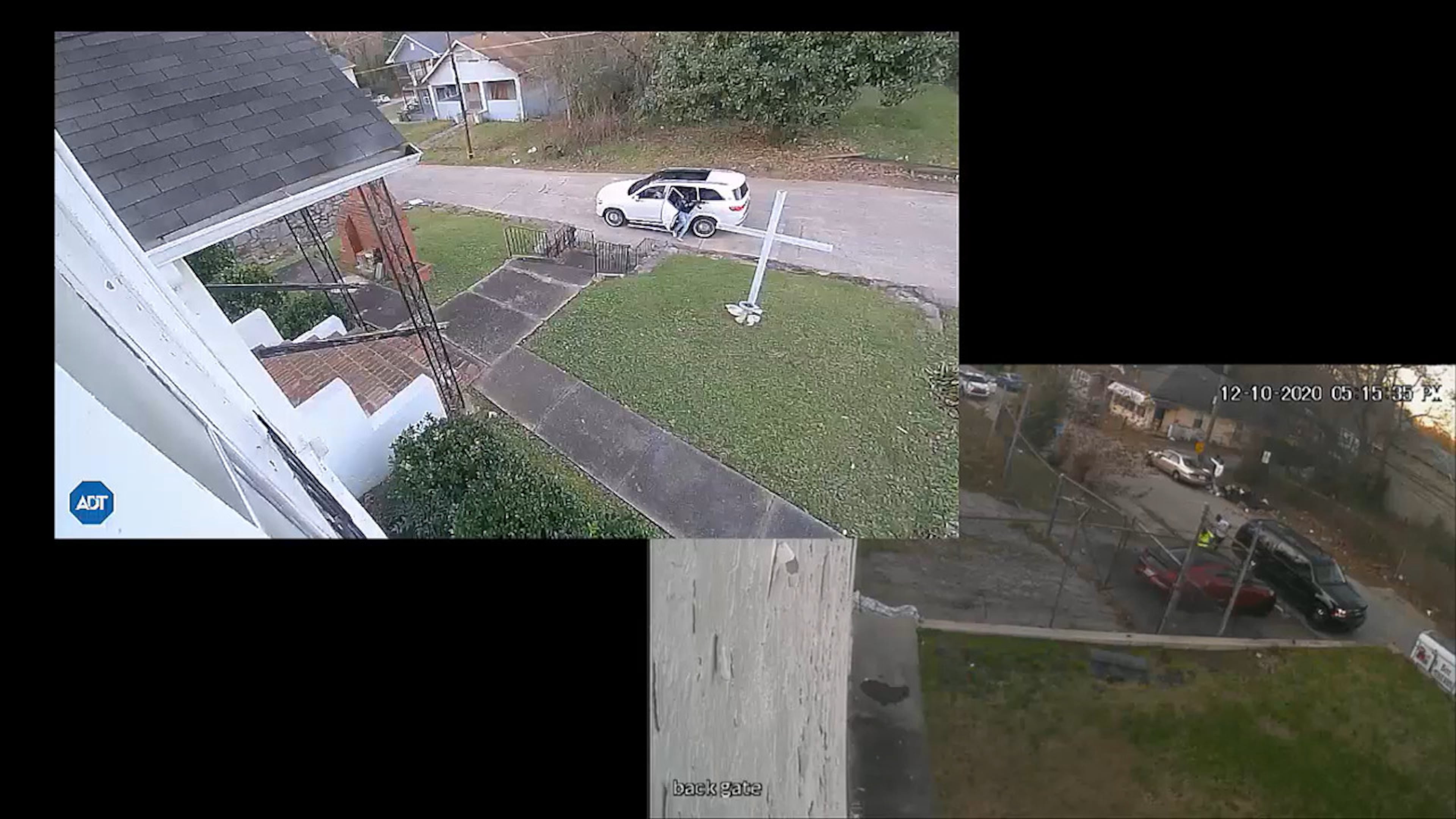 Surveillance video from December 2020 captured a shootout between passengers in a white SUV driven by rapper YFN Lucci (left) and some men on the street. One man was killed, another wounded. (Courtesy of Fulton County court document)