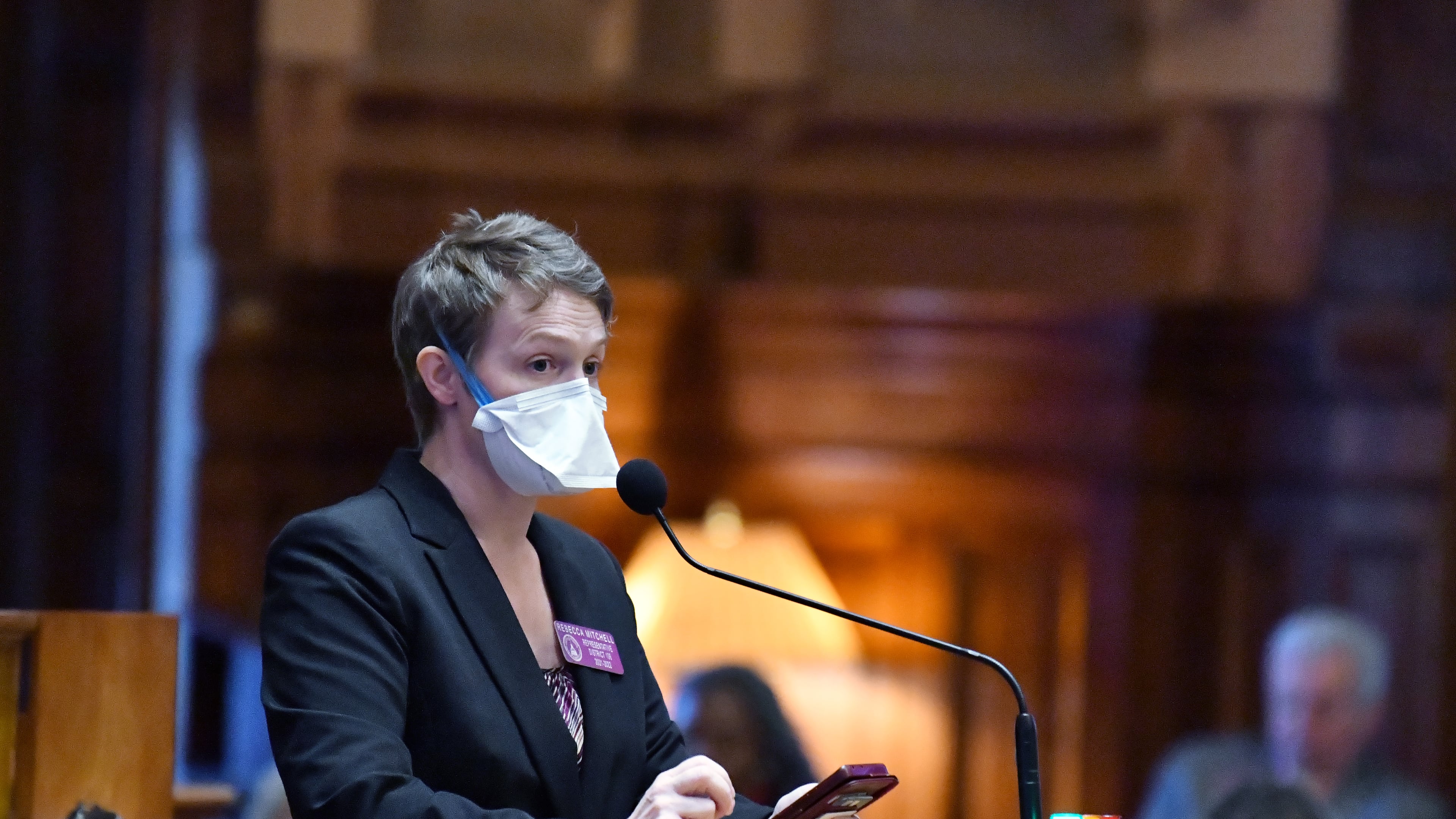 Rep. Rebecca Mitchell (D-Snellville) speaks in the House Chambers at the Georgia State Capitol on Tuesday, March 29, 2022. (Hyosub Shin / Hyosub.Shin@ajc.com)