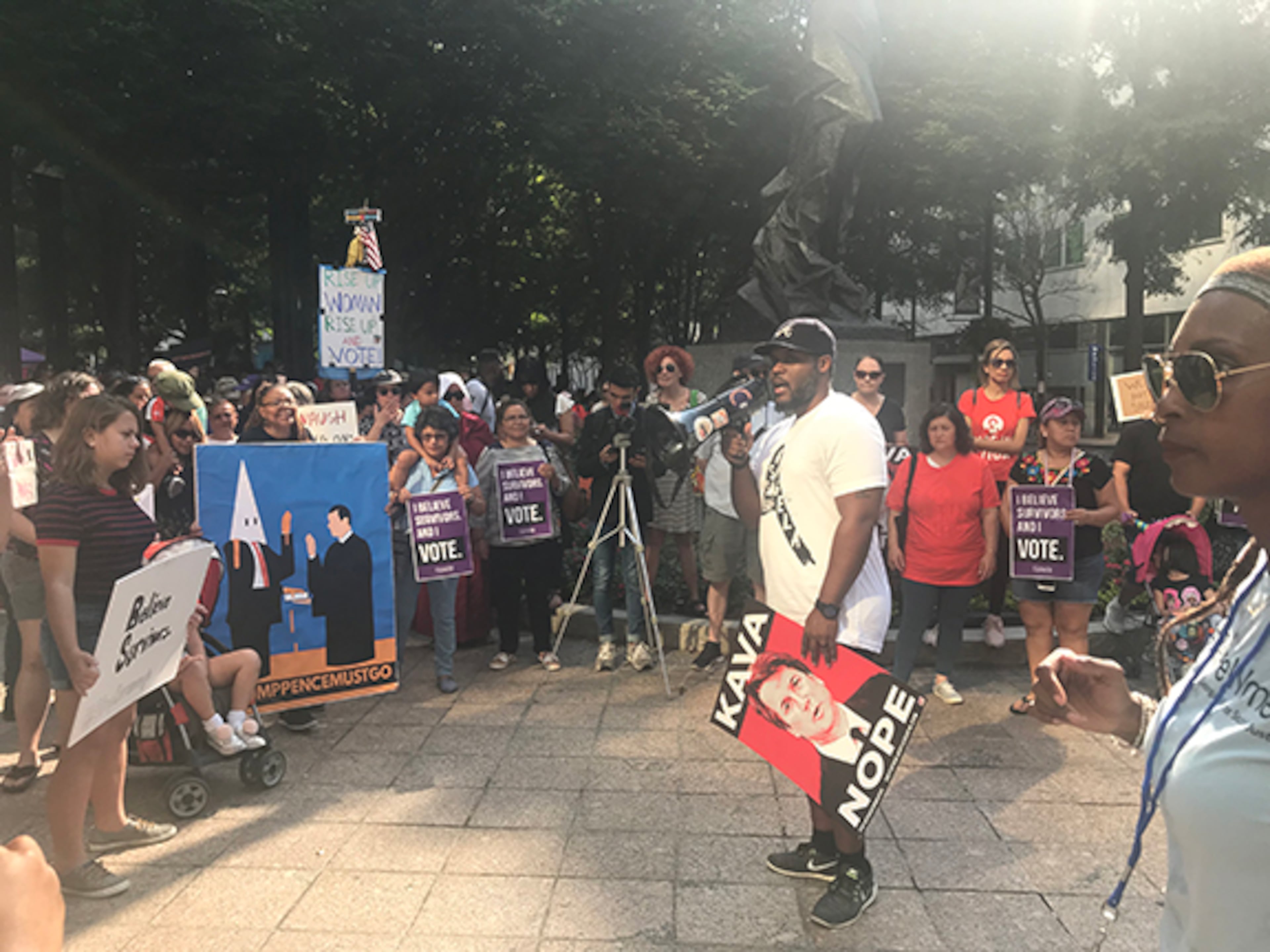 Gerald Griggs, attorney and vice president of NAACP Atlanta, speaks to people gathered in Woodruff Park on Saturday morning, Oct. 6, 2018, to voice opposition against Judge Brett Kavanaugh being named to the U.S. Supreme Court. (Photo: Meris Lutz/AJC)