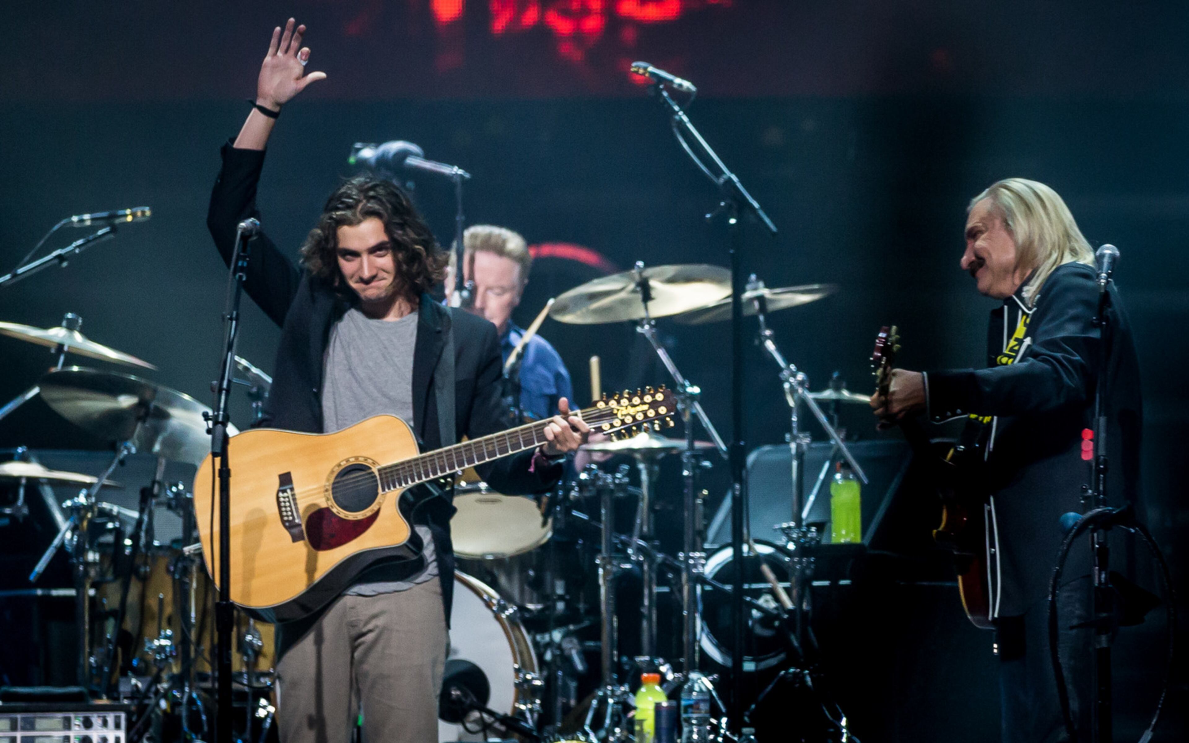 Deacon Frey (left), Don Henley (behind the drums) and Joe Walsh played classics from the Eagles beloved catalog for a packed Philips Arena on Oct. 20, 2017. It was the first of a two-night stand at the venue. Photo by Ryan Fleisher