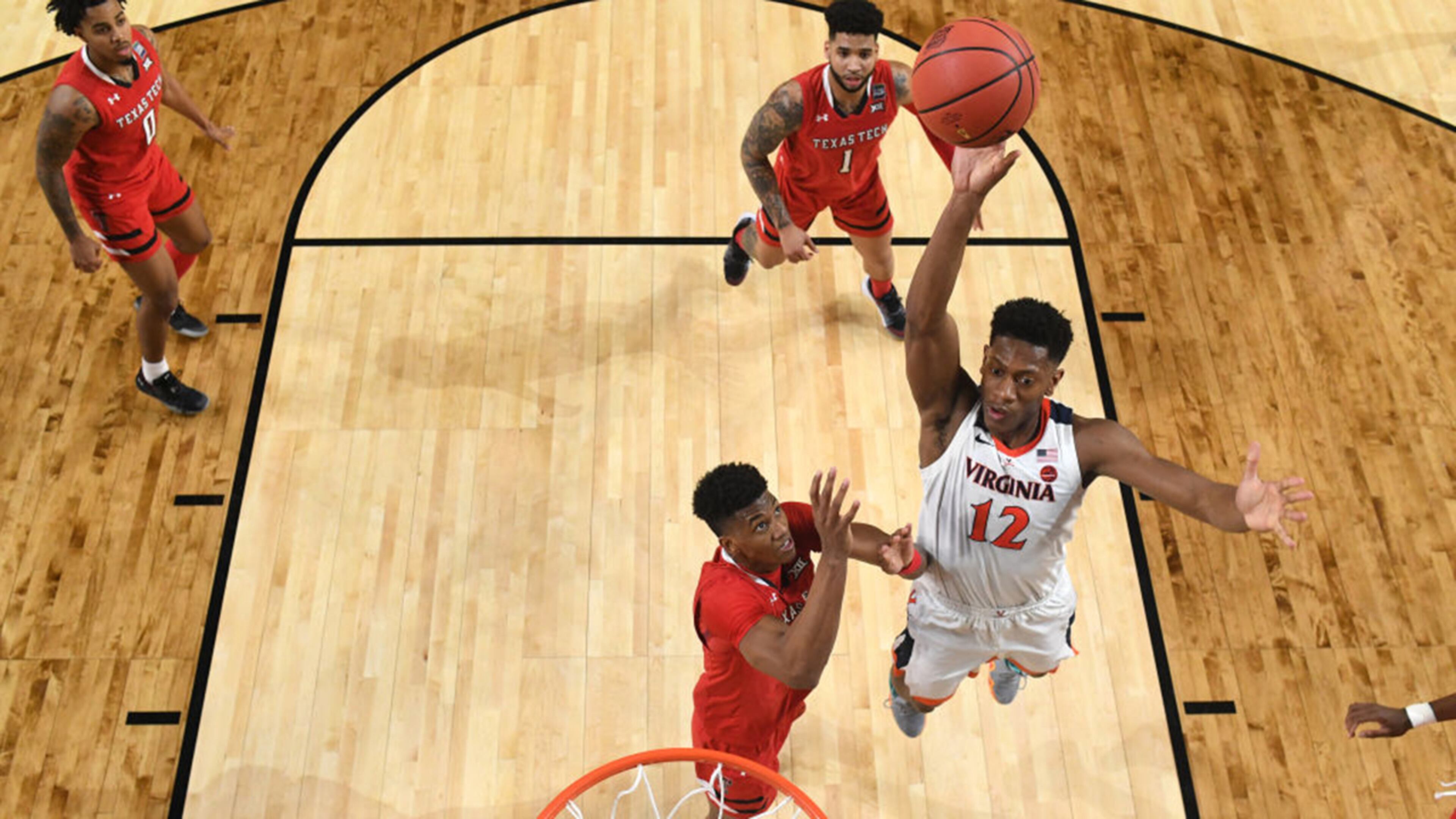 De'Andre Hunter #12 of the Virginia Cavaliers dunks the ball against the Texas Tech Red Raiders in the first half during the 2019 NCAA men's Final Four National Championship game at U.S. Bank Stadium on April 08, 2019 in Minneapolis, Minnesota.
