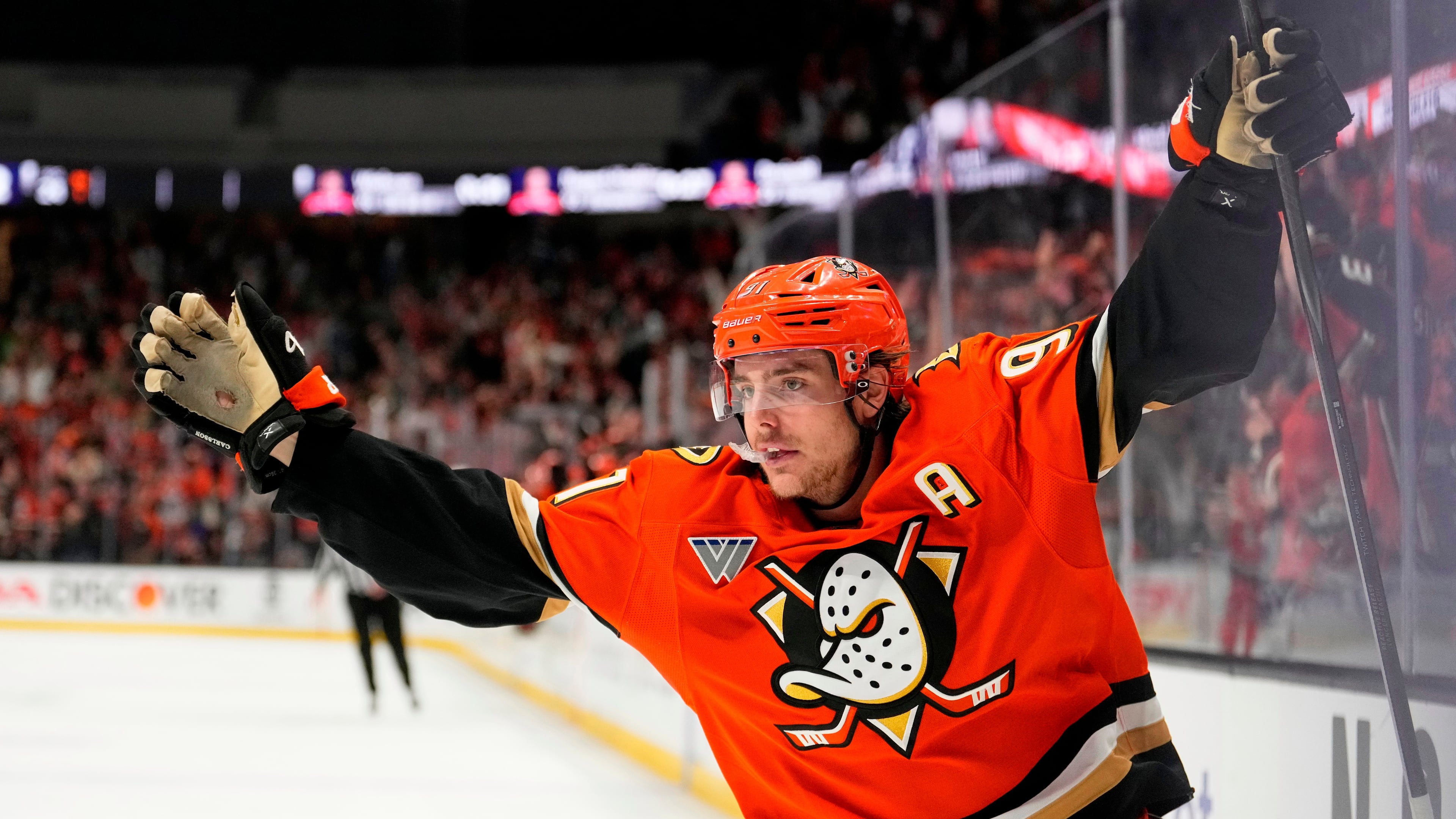 FILE - Anaheim Ducks center Leo Carlsson celebrates his empty net goal during the third period of Game 6 in the first round of the NHL hockey Stanley Cup playoffs series against the Edmonton Oilers, April 30, 2026, in Anaheim, Calif. (AP Photo/Mark J. Terrill, File)
