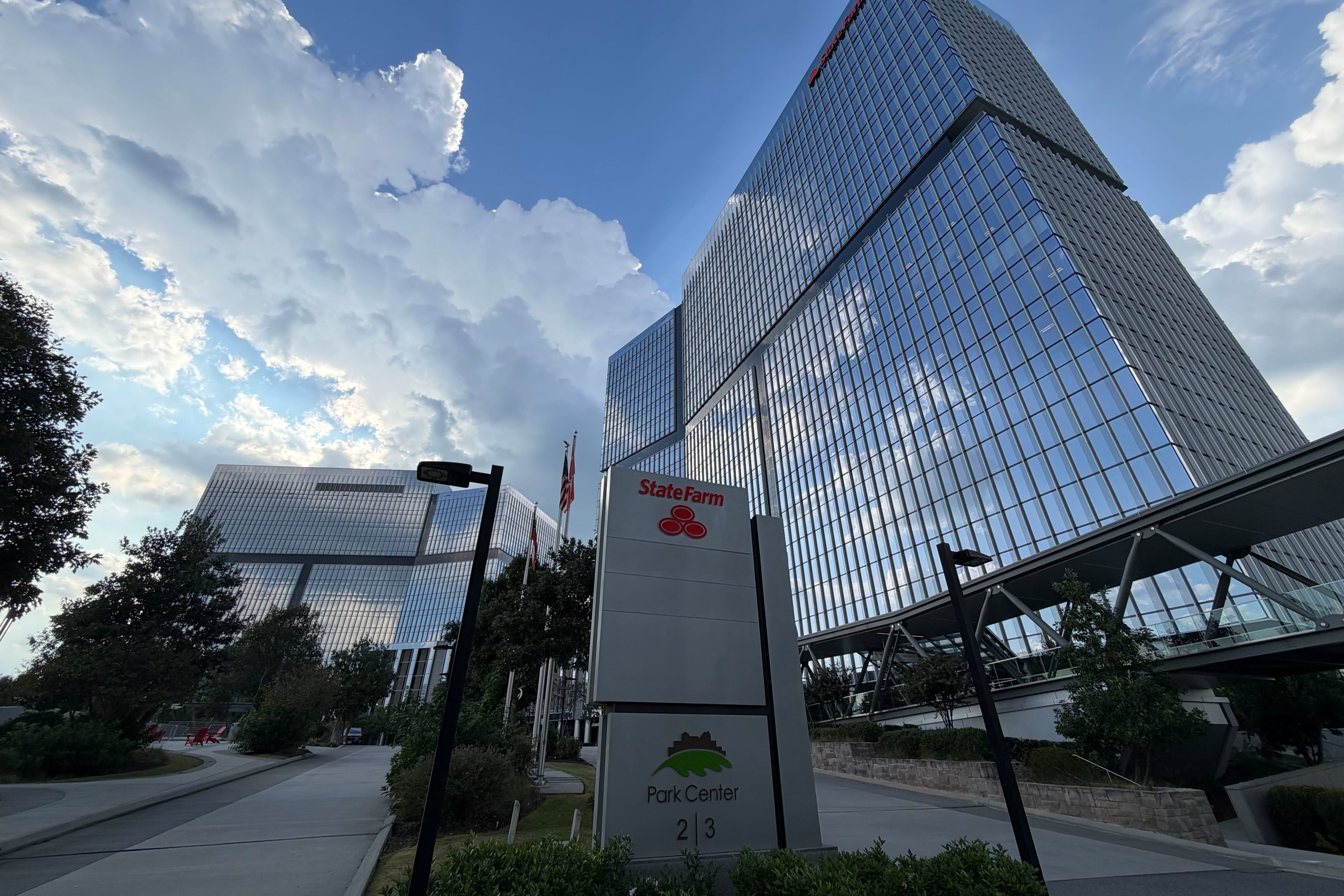 The Park Center 2 and 3 towers in Dunwoody, which are occupied by insurance giant State Farm, have been listed for sale. The towers were photographed Monday, Sept. 21, 2026. (J. Scott Trubey/AJC)