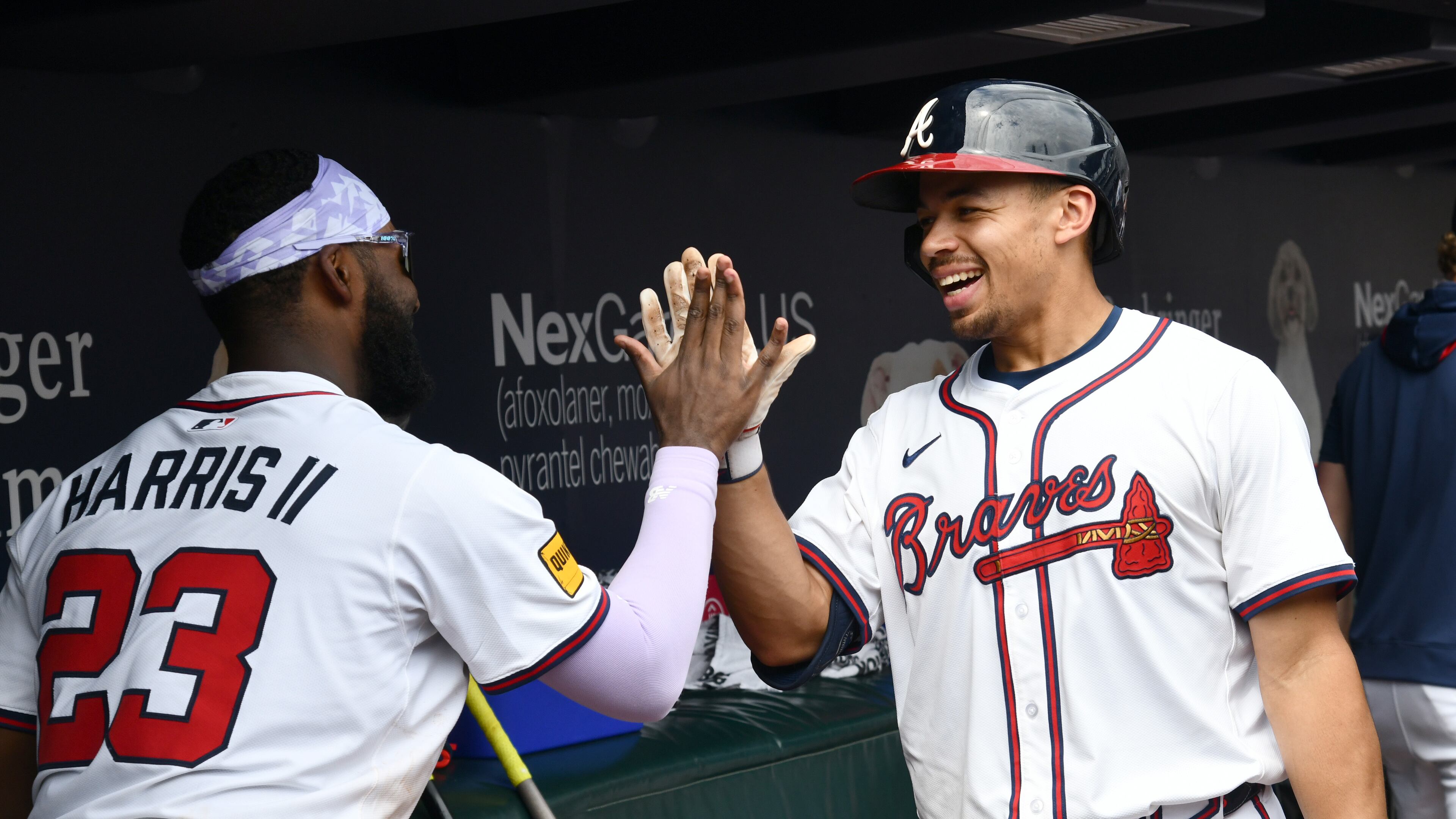Catcher Drake Baldwin (right) and outfielder Michael Harris II — pictured celebrating Baldwin's home run in September — are all but sure to make the Braves' 26-man roster, but who else is expected to make the cut? (Hyosub Shin / AJC)