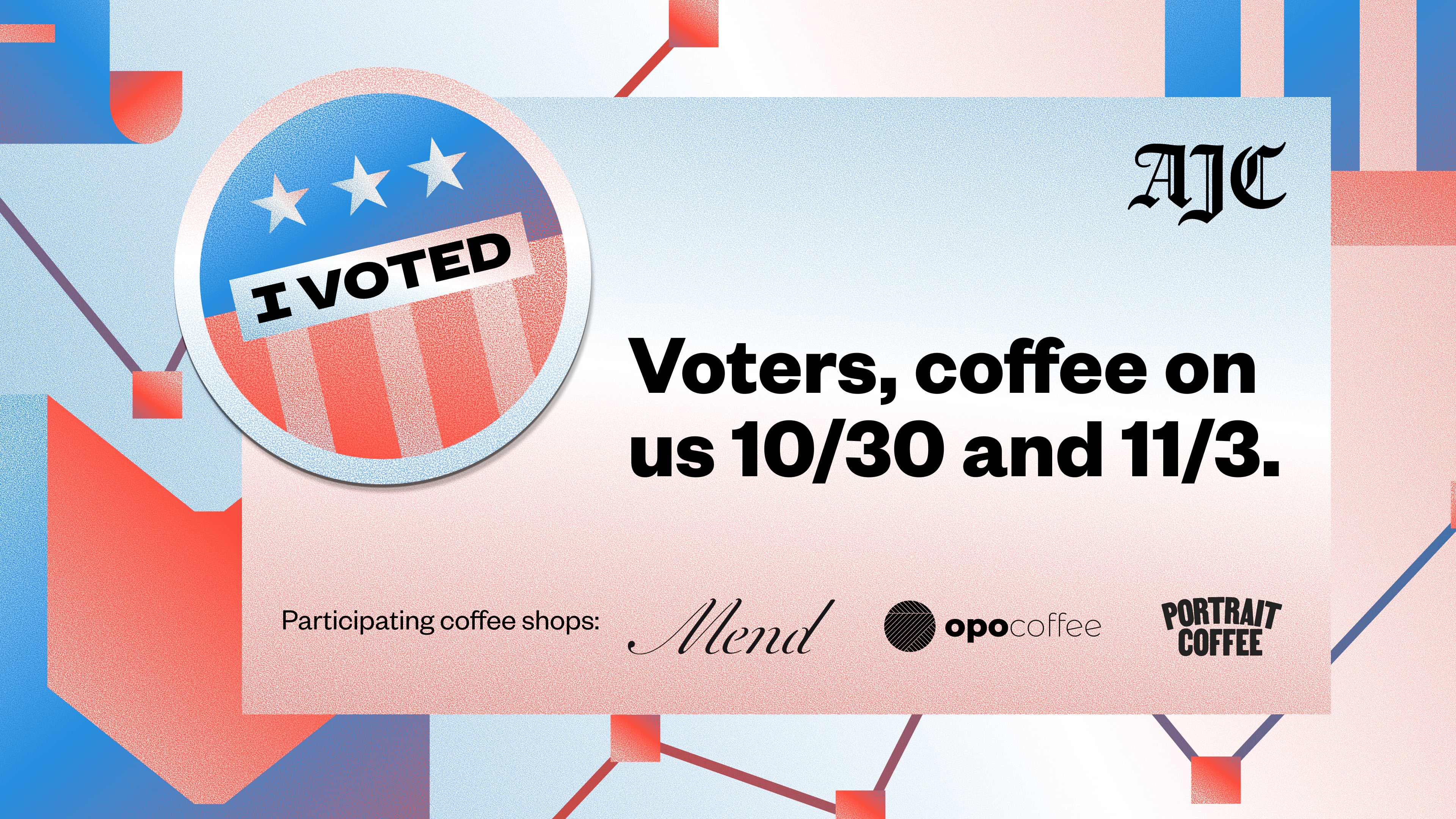 To celebrate civic participation and support local businesses across metro Atlanta, The Atlanta Journal-Constitution is teaming up with select coffee shops to offer complimentary coffee to customers who show their “I Voted” sticker on Friday, Oct. 30 and Election Day on Tuesday, Nov. 3.
