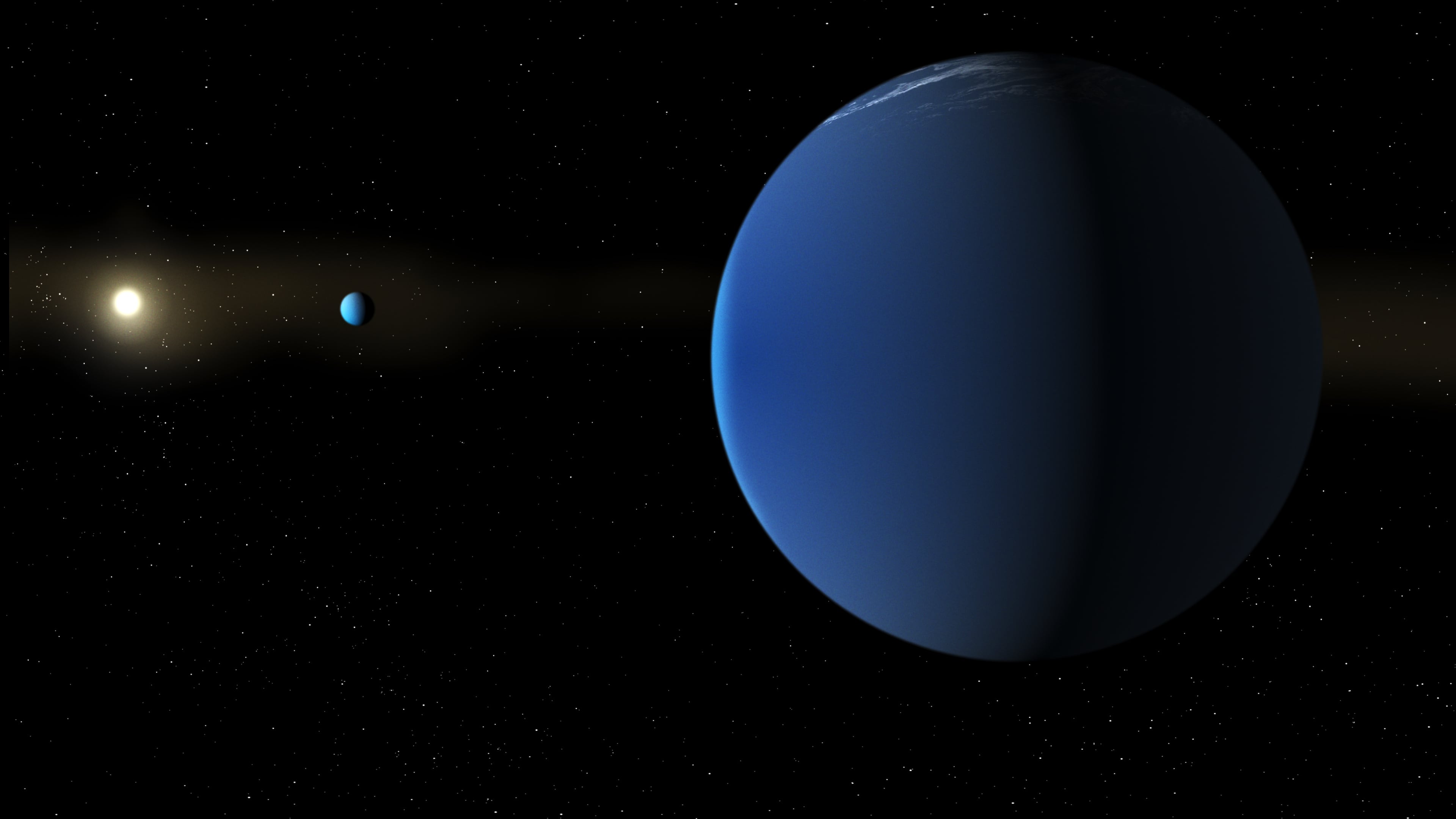 This illustration provided by NASA depicts the Sun-like star TOI-791, background left, and two giant planets that NASA's TESS space telescope discovered in its orbit. (Daniel Rutter/NASA via AP)