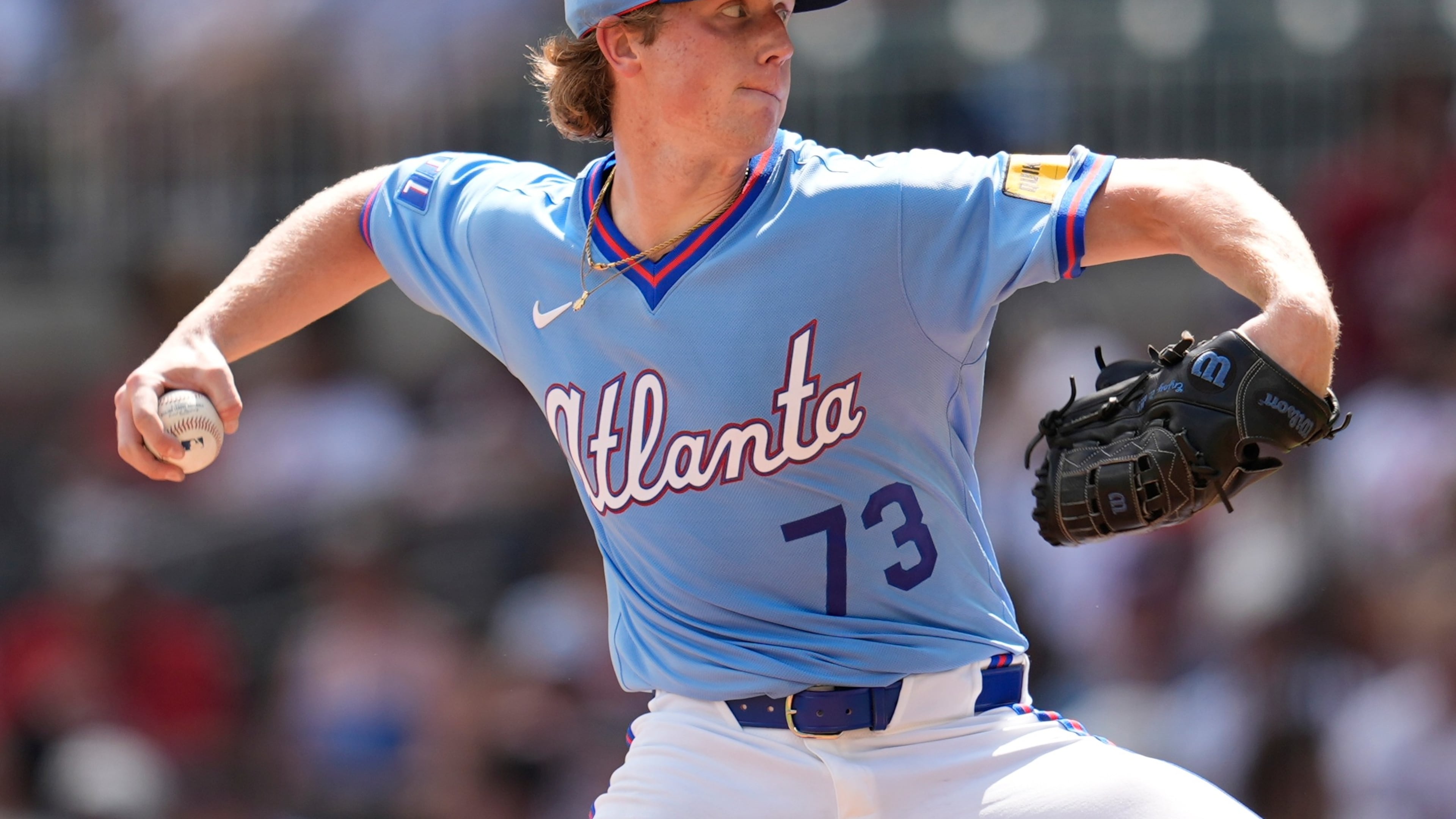 Atlanta Braves pitcher Owen Murphy (73) works against the Texas Rangers in the second inning of a baseball game, Saturday, July 18, 2026, in Atlanta. (AP Photo/Mike Stewart)