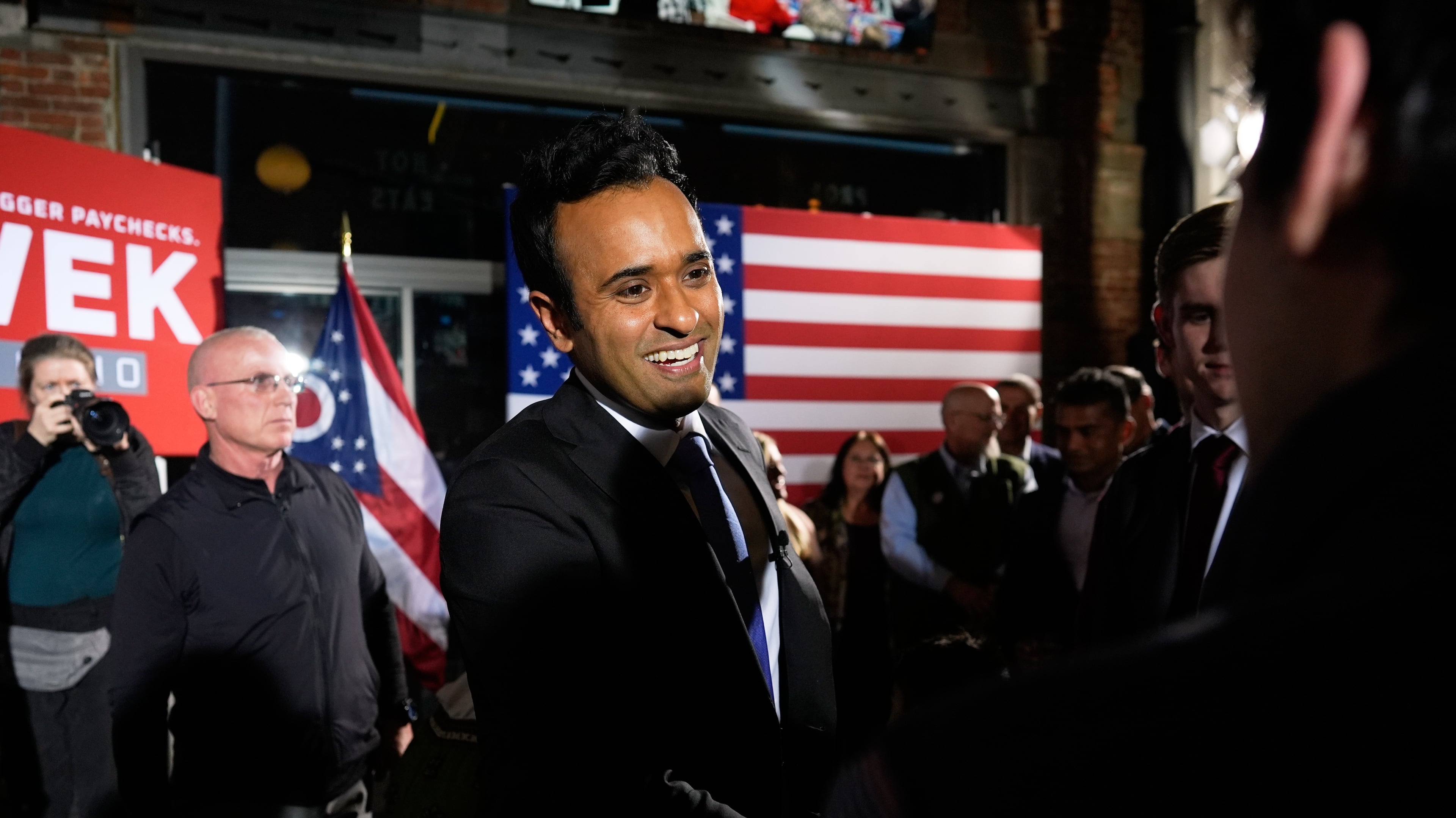 Republican Ohio gubernatorial candidate Vivek greets supporters during a watch party at the Spruce St. Sporting sports bar after winning the party's nomination for governor Tuesday, May 5, 2026, in Columbus. (AP Photo/Carolyn Kaster)