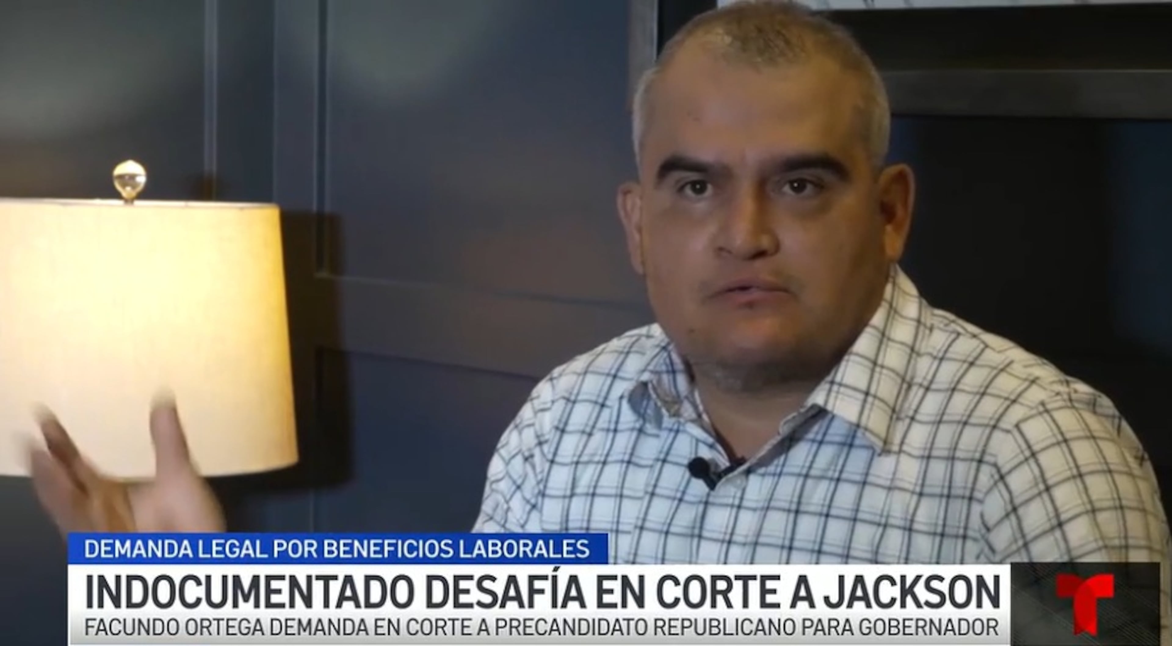Facundo Ortega speaks to Telemundo Atlanta for a story about his workers' compensation lawsuit against Rick Jackson, a Republican candidate for governor. (Screenshot)