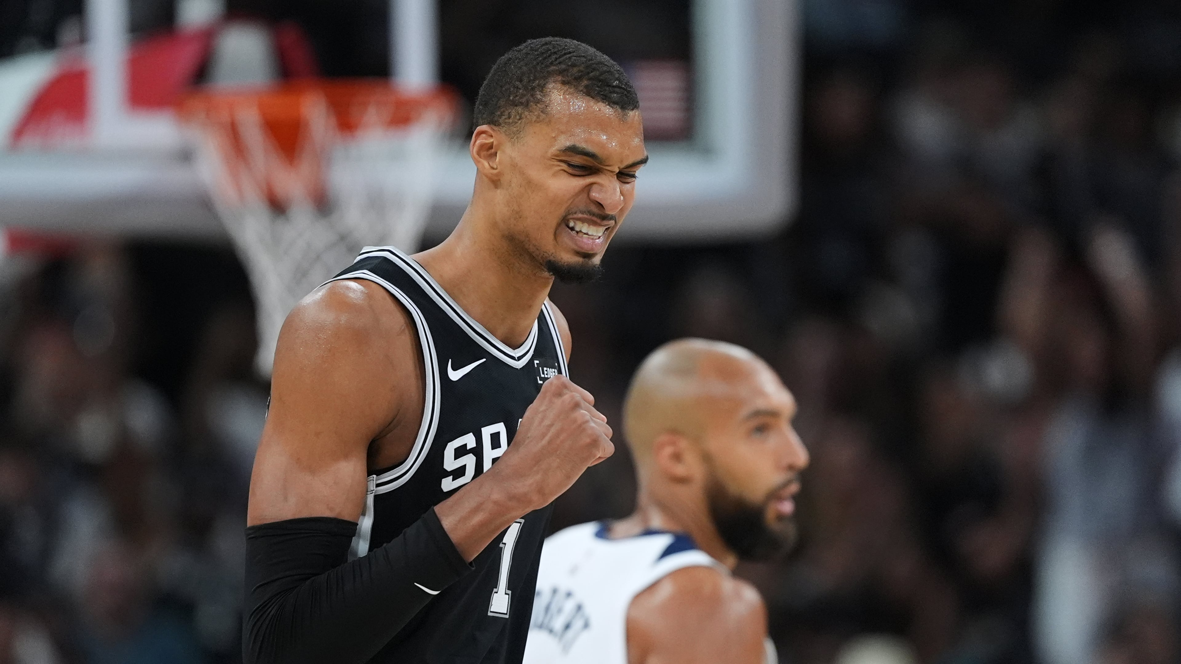 San Antonio Spurs forward Victor Wembanyama (1) reacts to a play against the Minnesota Timberwolves during the second half of Game 5 of an NBA basketball second-round playoffs series in Minneapolis, Tuesday, May 12, 2026. (AP Photo/Eric Gay)