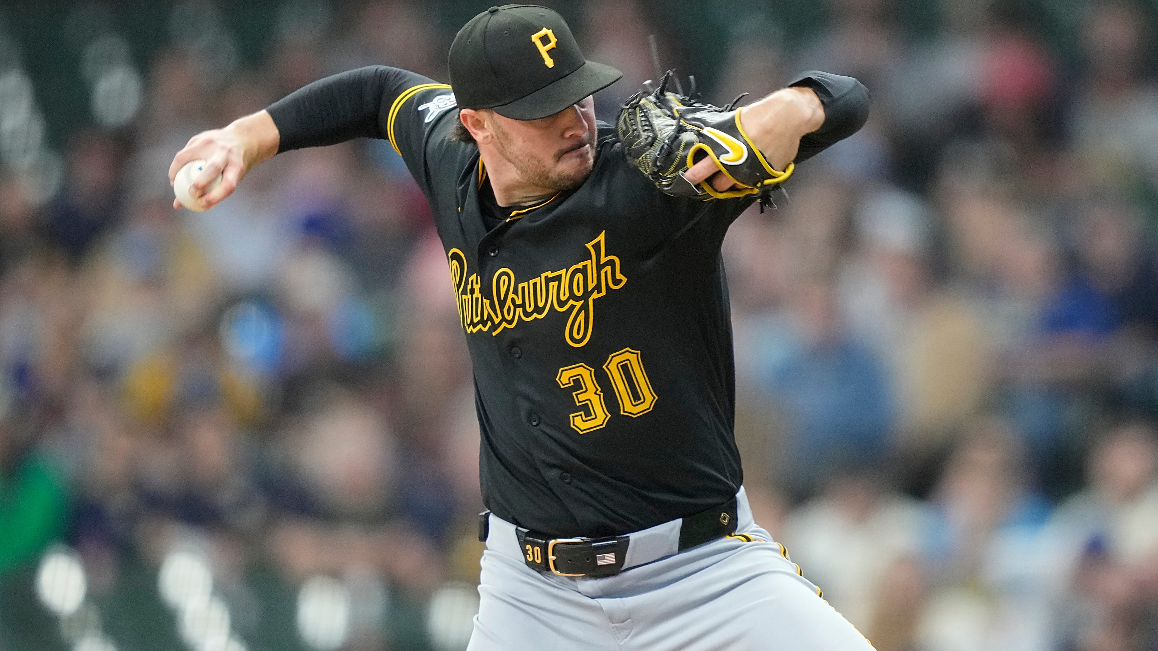 Pittsburgh Pirates pitcher Paul Skenes throws during the first inning of a baseball game against the Milwaukee Brewers, Friday, April 24, 2026, in Milwaukee. (AP Photo/Kayla Wolf)