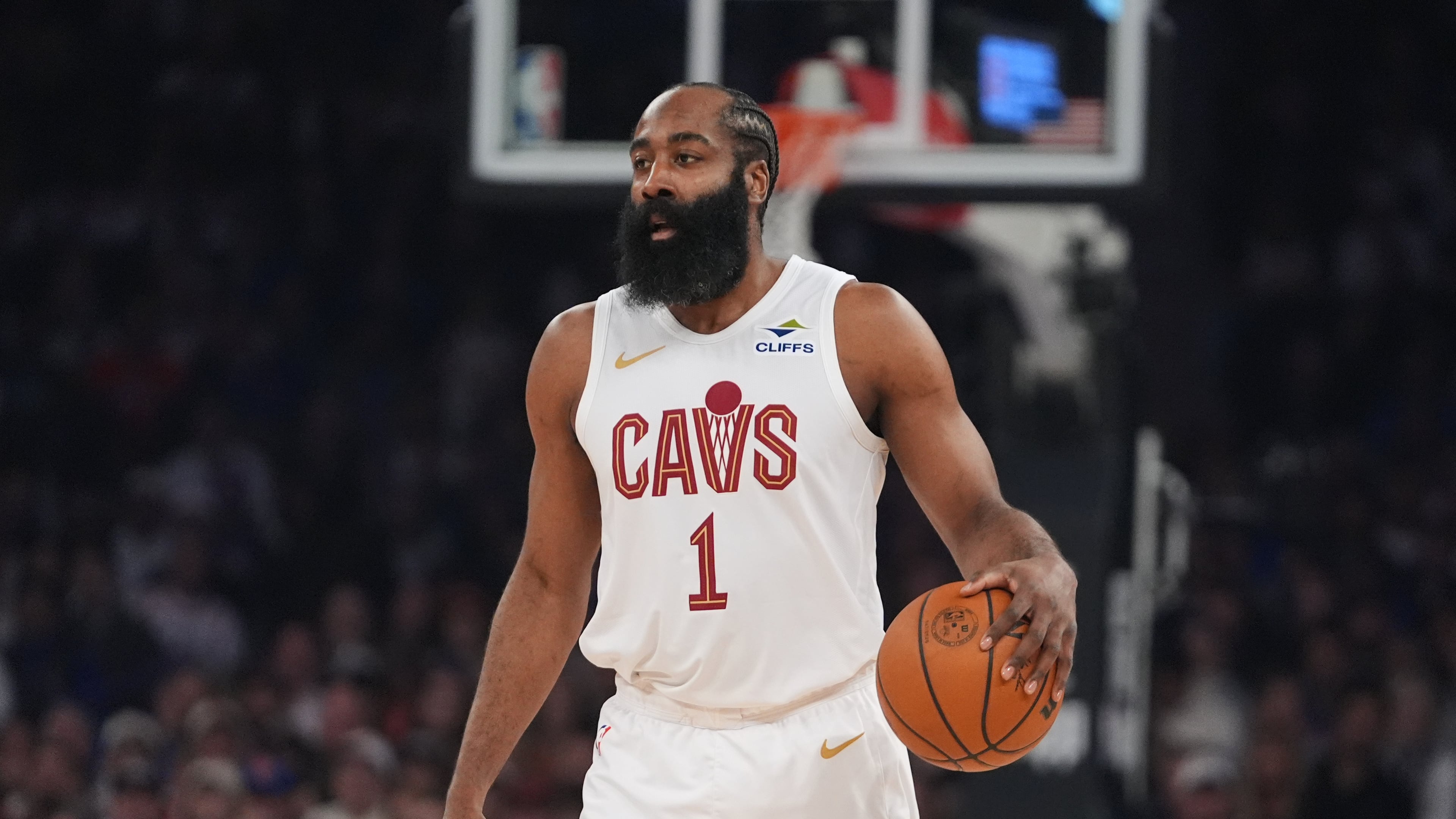 FILE - Cleveland Cavaliers' James Harden during the first half of Game 2 in the Eastern Conference finals NBA basketball playoffs series against the New York Knicks, May 21, 2026, in New York. (AP Photo/Frank Franklin II, File)