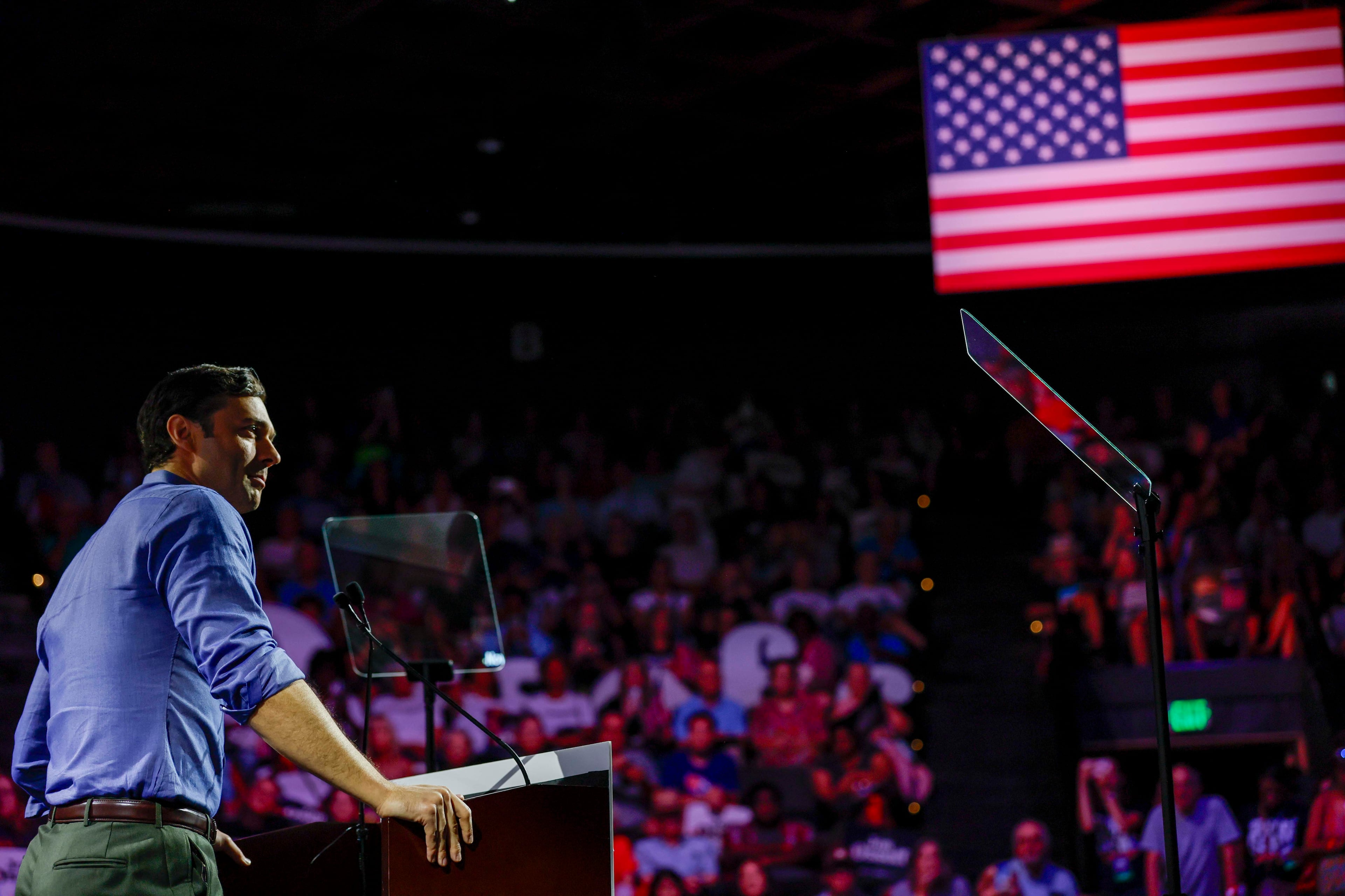 U.S. Sen. Jon Ossoff at his campaign rally in Atlanta on Sunday. (Miguel Martinez/AJC)