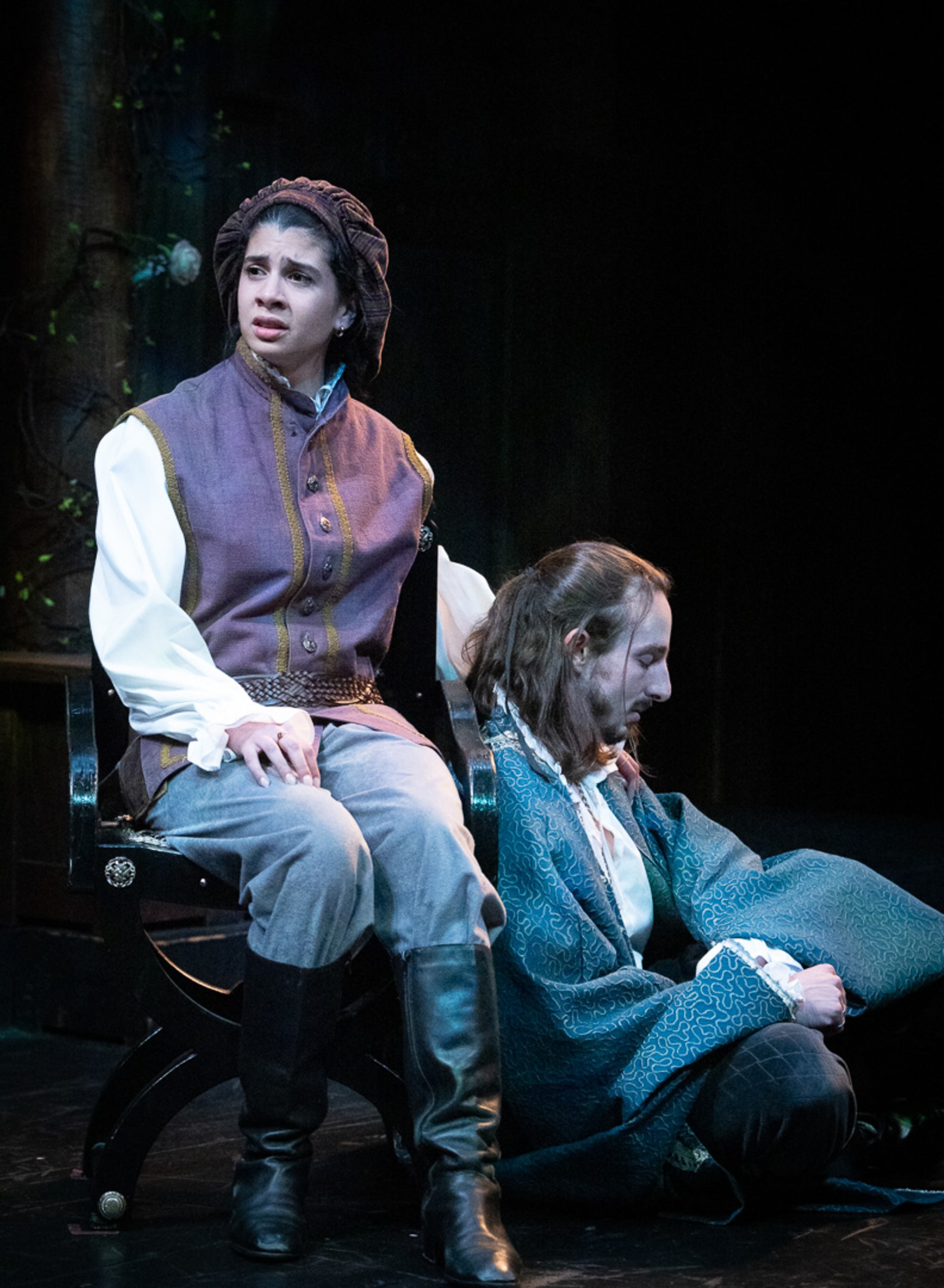 Dressed as Cesario, Viola (Alejandra Ruiz) tries to deny her connection to Orsino (Benedetto Robinson). (Photo by Jeff Watkins)