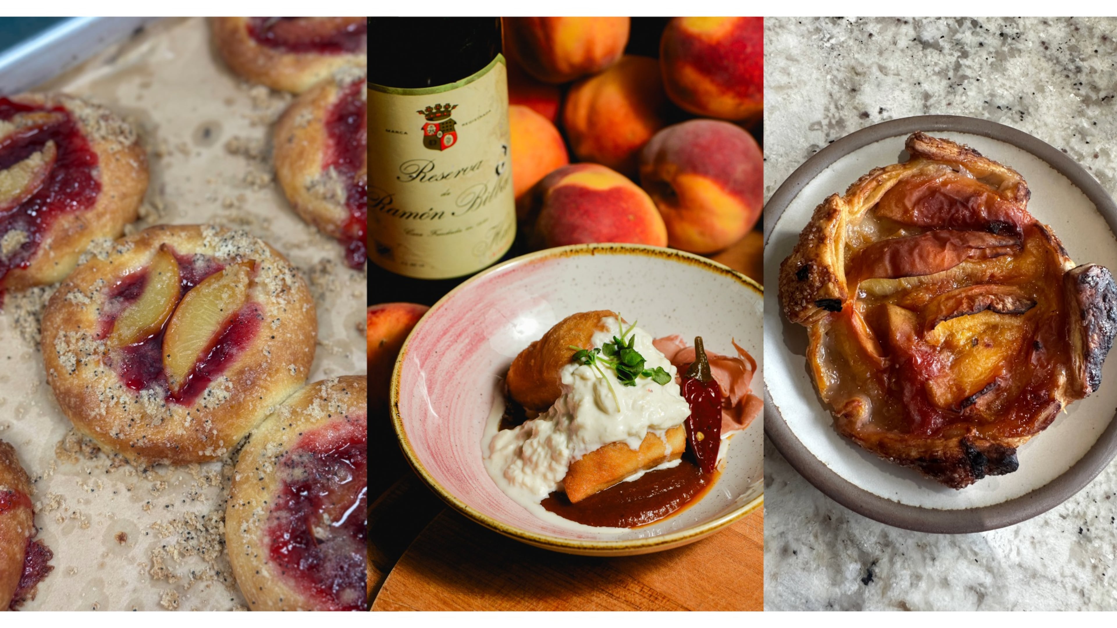 (From left): Peach brioche buns from At Heart Panaderia (Courtesy of Teresa Finney); a peach dish at PeachFest, taking place July 12 (Brady Lowe/Courtesy of PeachFest) and a peach galette from Little Tart (Lia Picard for the AJC)