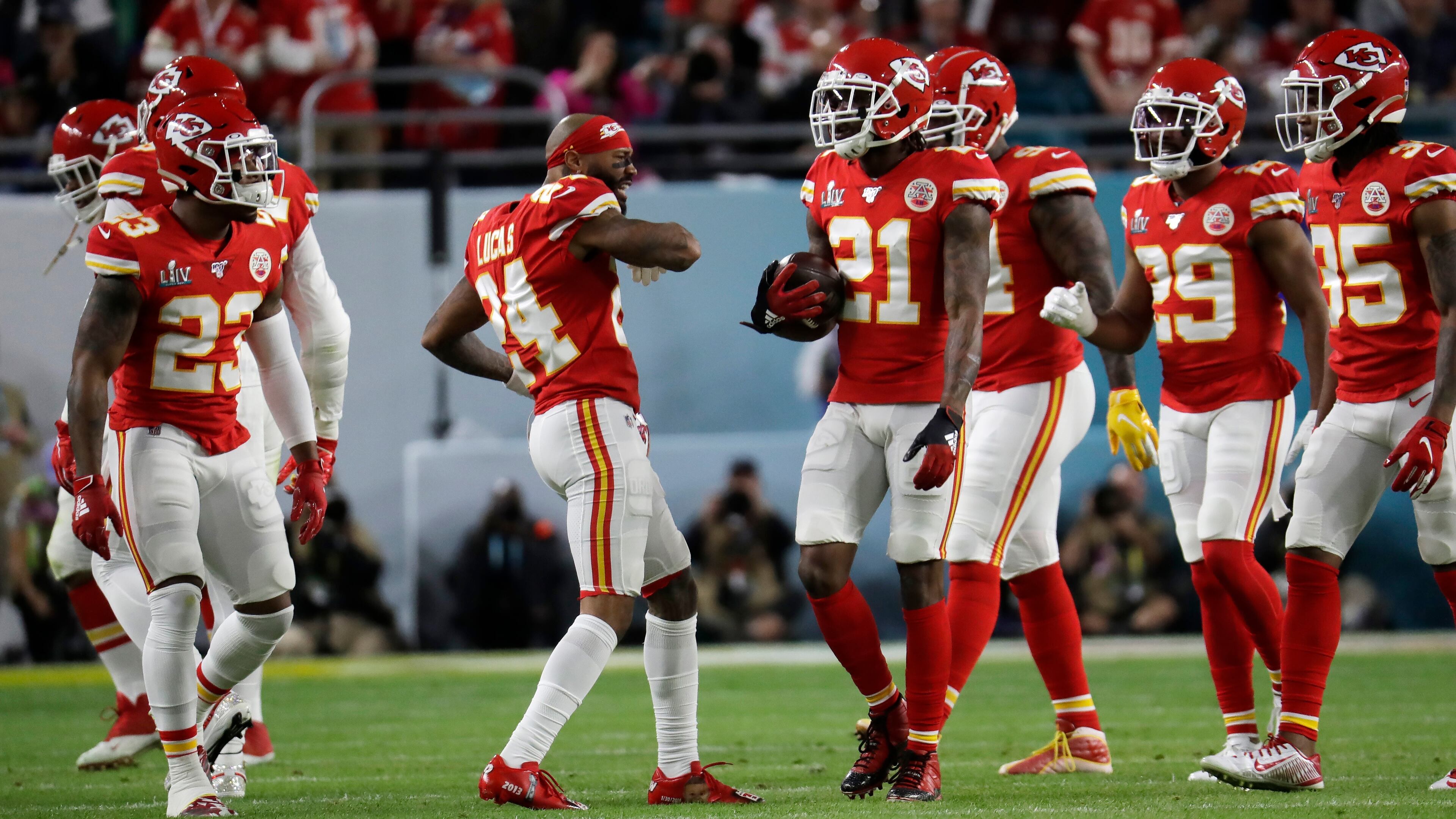 Kansas City Chiefs' Bashaud Breeland (21) celebrates with teammates after intercepting a pass against the San Francisco 49ers during the first half of Super Bowl 54
Sunday, Feb. 2, 2020, in Miami Gardens, Fla.