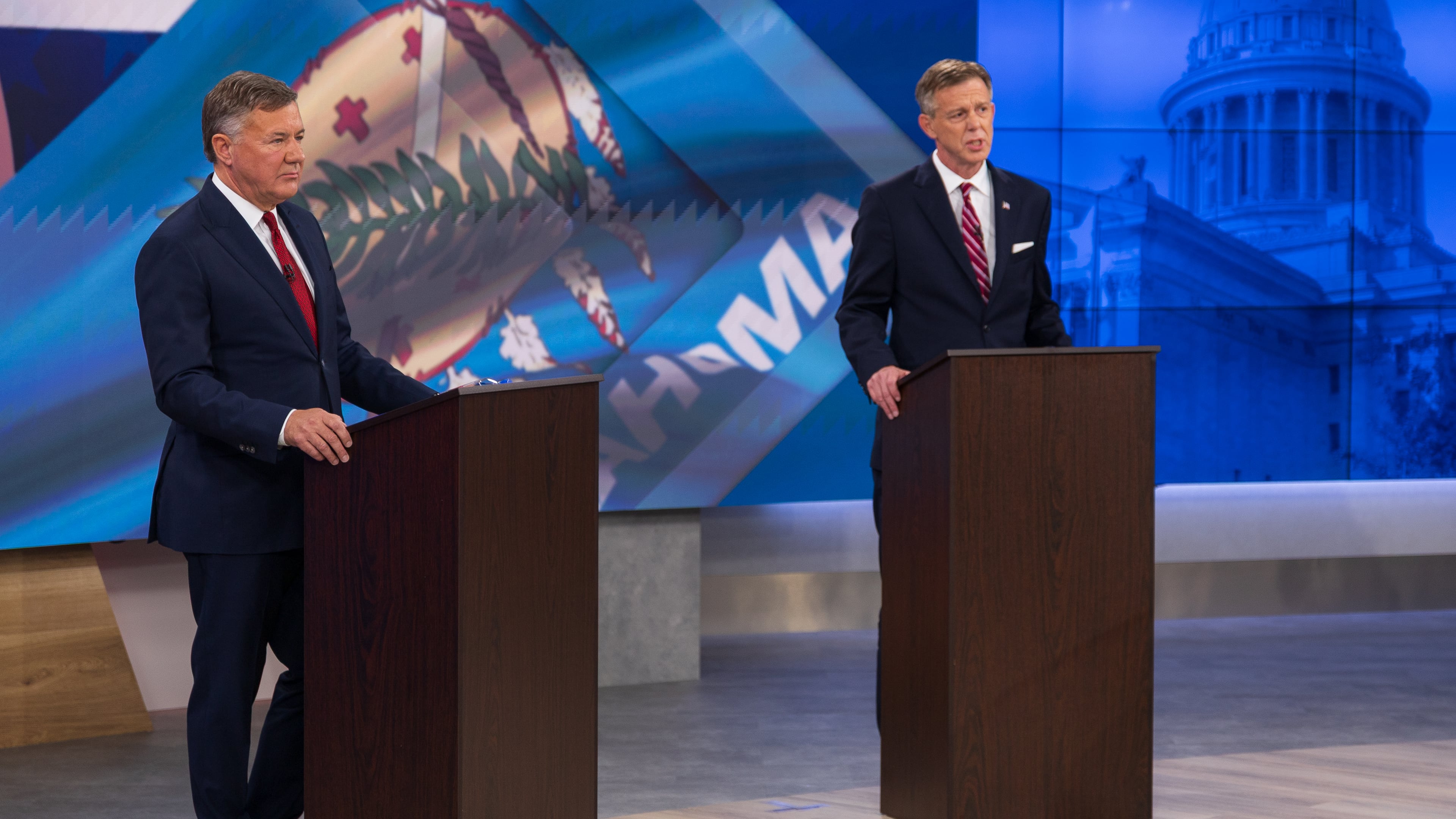 Oklahoma Republican gubernatorial candidates Gentner Drummond, left, and Mike Mazzei verbally spar at a televised debate in Tulsa, Okla., Aug. 3, 2026. (Jake Ramsey/Oklahoma Watch via AP)