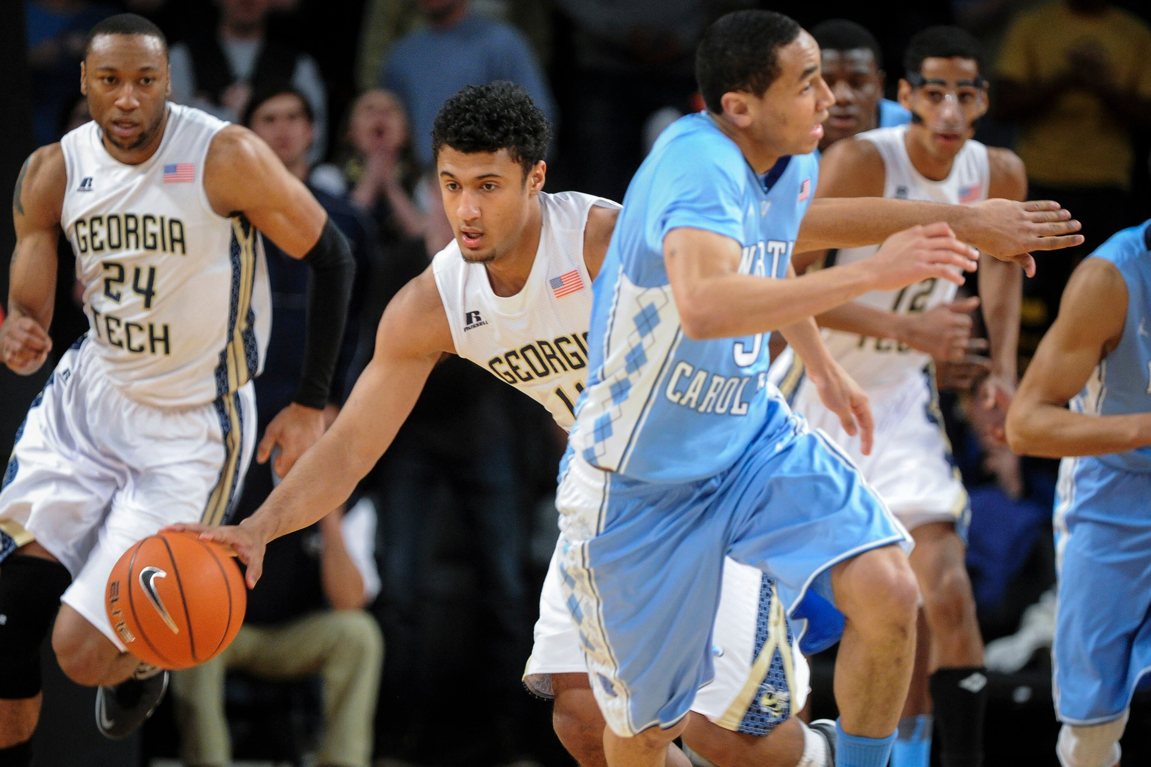 Tech guard Chris Bolden turns up the floor with a steal as North Carolina forward Kennedy Meeks, right, turns to defend during the first half of an NCAA college basketball game.