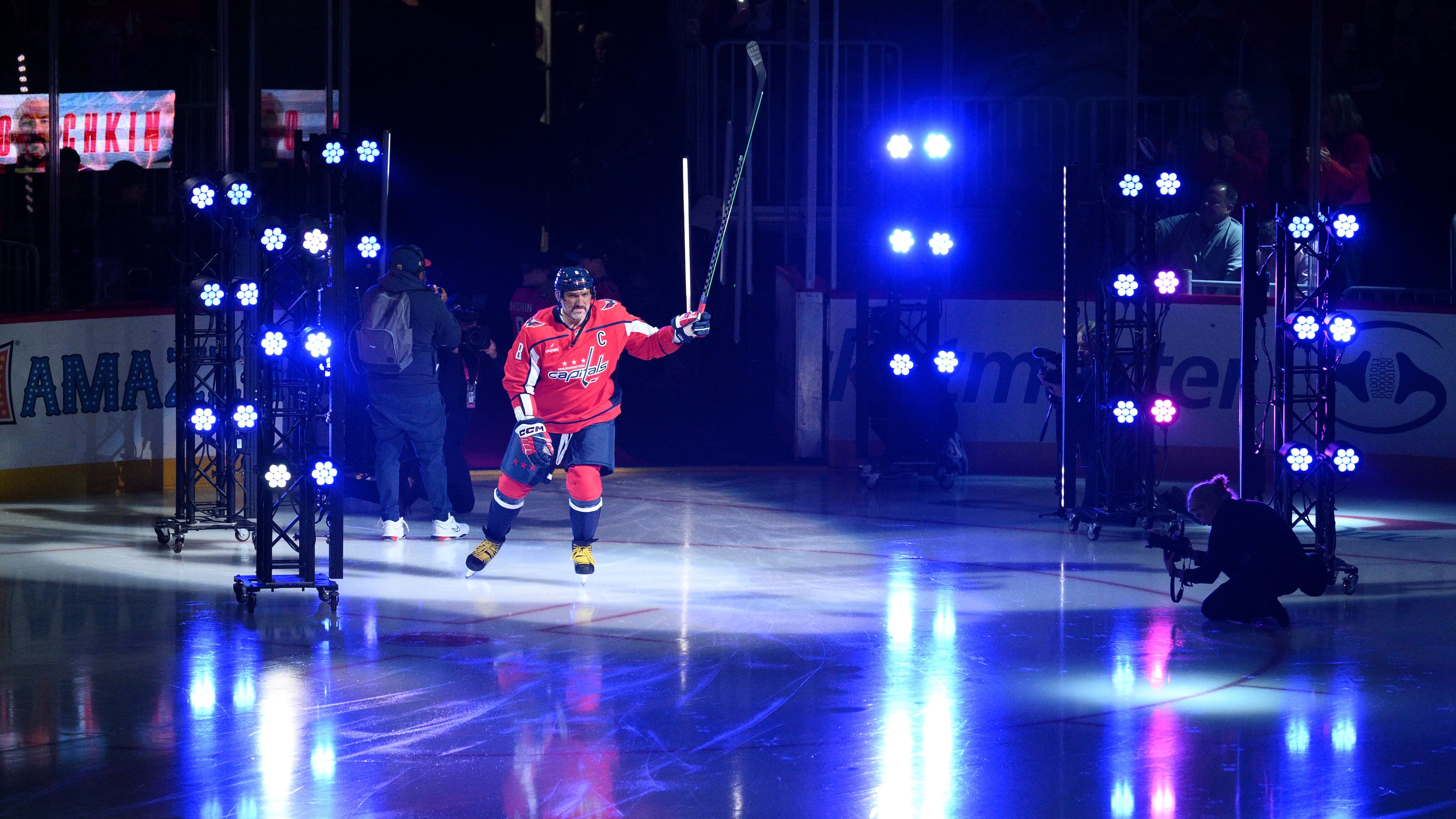 Washington Capitals left wing Alex Ovechkin (8) takes to the ice during player introductions before an NHL hockey game against the Pittsburgh Penguins, Wednesday, Oct. 7, 2026, in Washington. (AP Photo/Nick Wass)