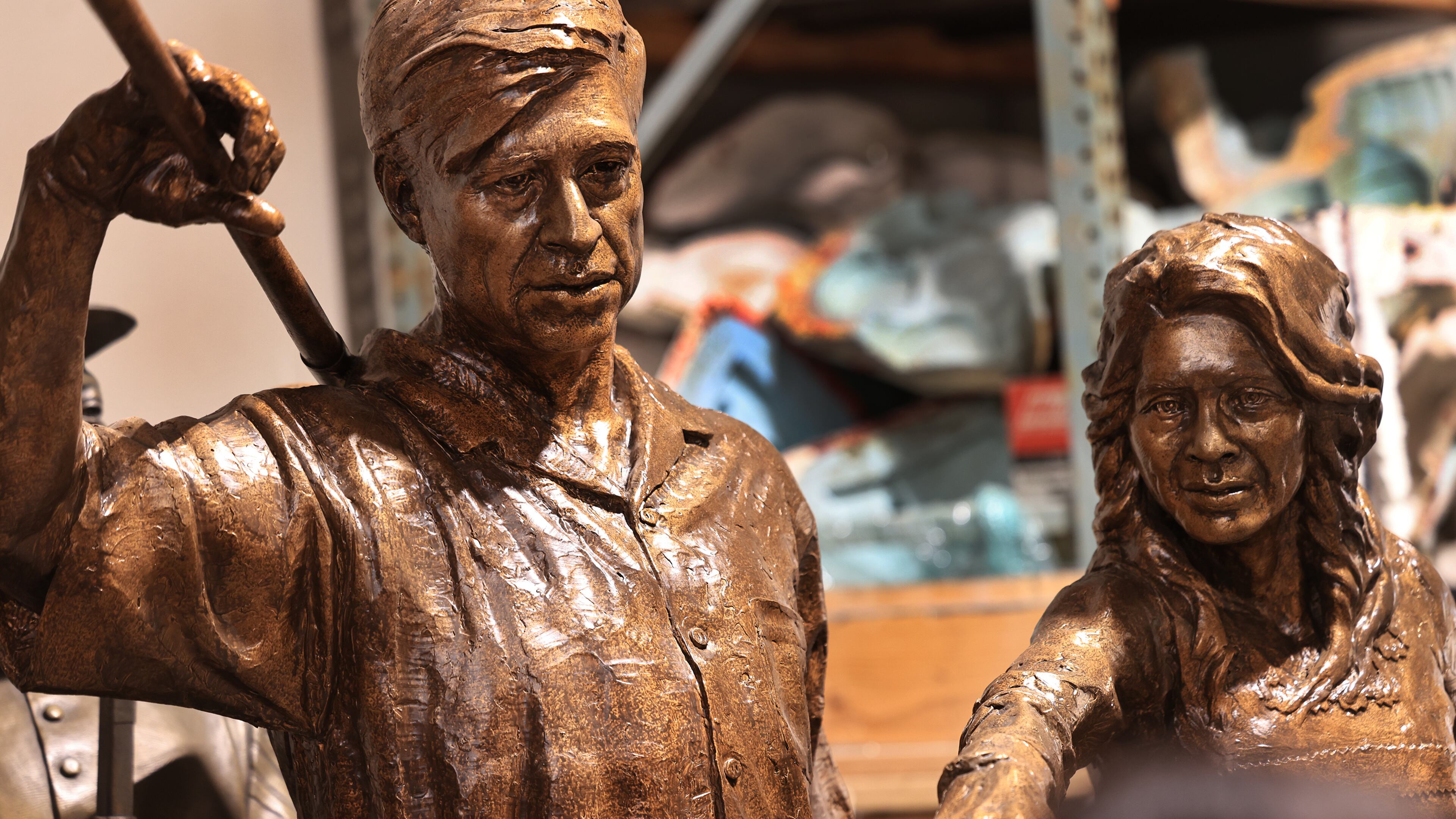 Refurbished statues of Cesar Chavez and Dolores Huerta is seen at the studio of Napa artist and sculptor Mario Chiodo, Wednesday, Dec. 17, 2025. (Kent Porter/The Press Democrat)