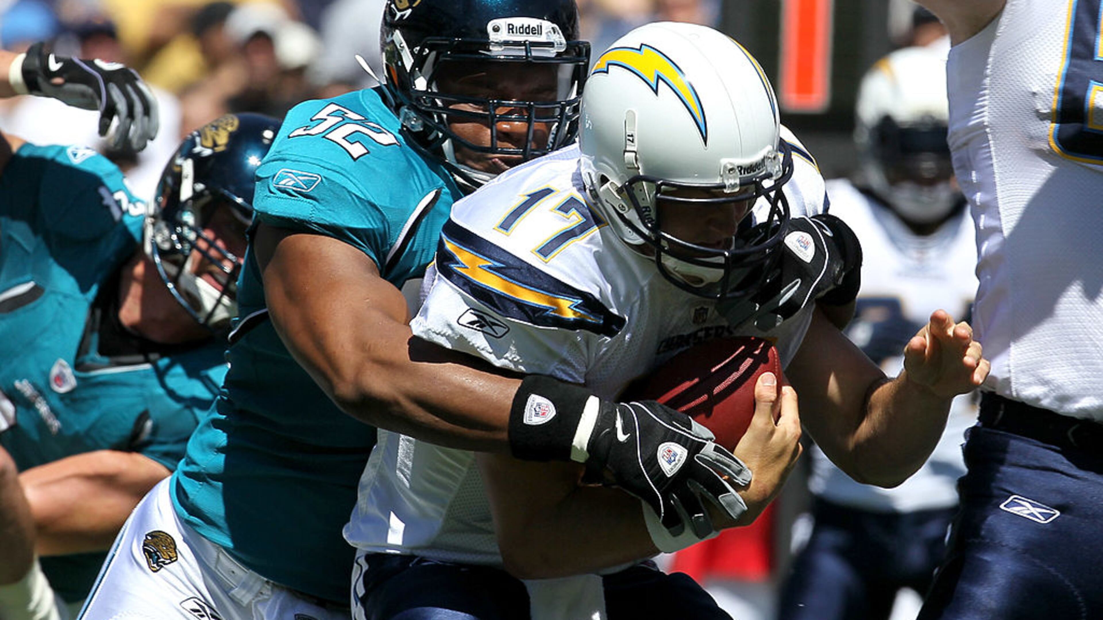 Jacksonville Jaguars linebacker Daryl Smith sacks Chargers quarterback Philip Rivers at Qualcomm Stadium on Sept. 19, 2010, in San Diego.