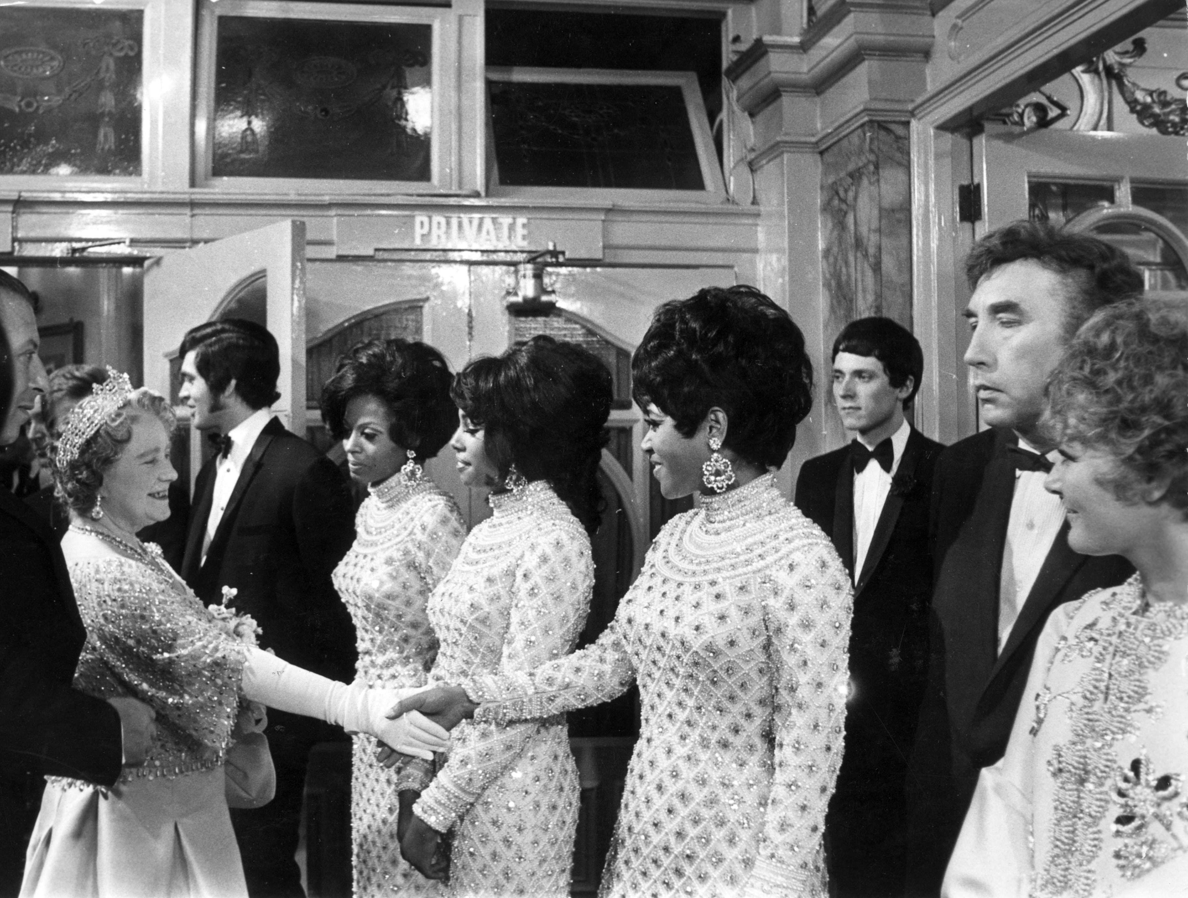 Elizabeth, the Queen Mother (1900 - 2002) goes backstage to meet the Supremes, Engelbert Humperdinck, Frankie Howerd and Petula Clark after a Royal Variety Performance at the London Palladium. The show is in aid of the Variety Artistes' Benevolent Fund. (Photo by Douglas Miller/Keystone/Getty Images)