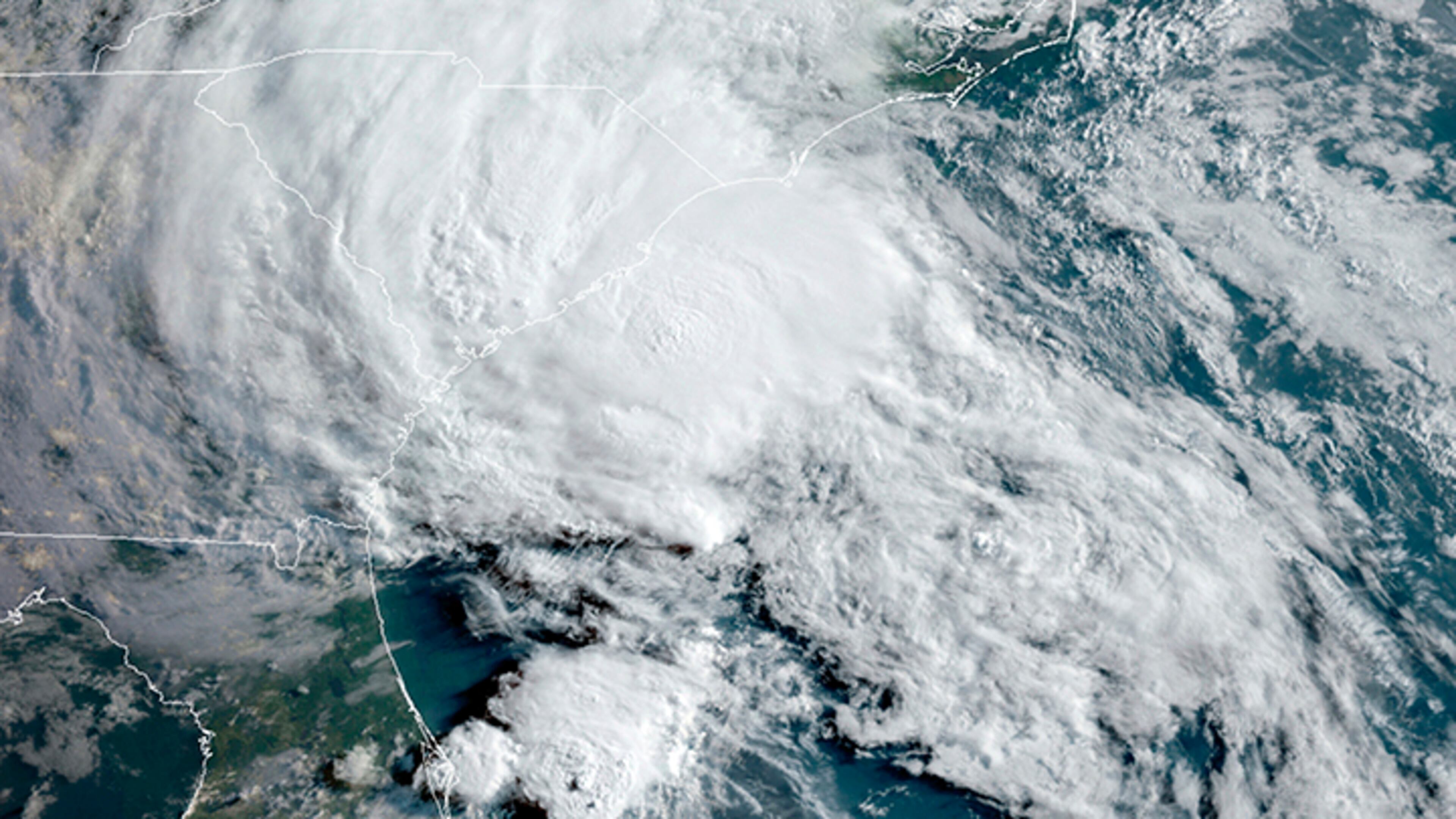This GOES-16 satellite image taken Wednesday, May 27, 2020, at 11:40 UTC and provided by THE National Oceanic and Atmospheric Administration (NOAA), shows Tropical Storm Bertha approaching the South Carolina coast. (NOAA via AP)
