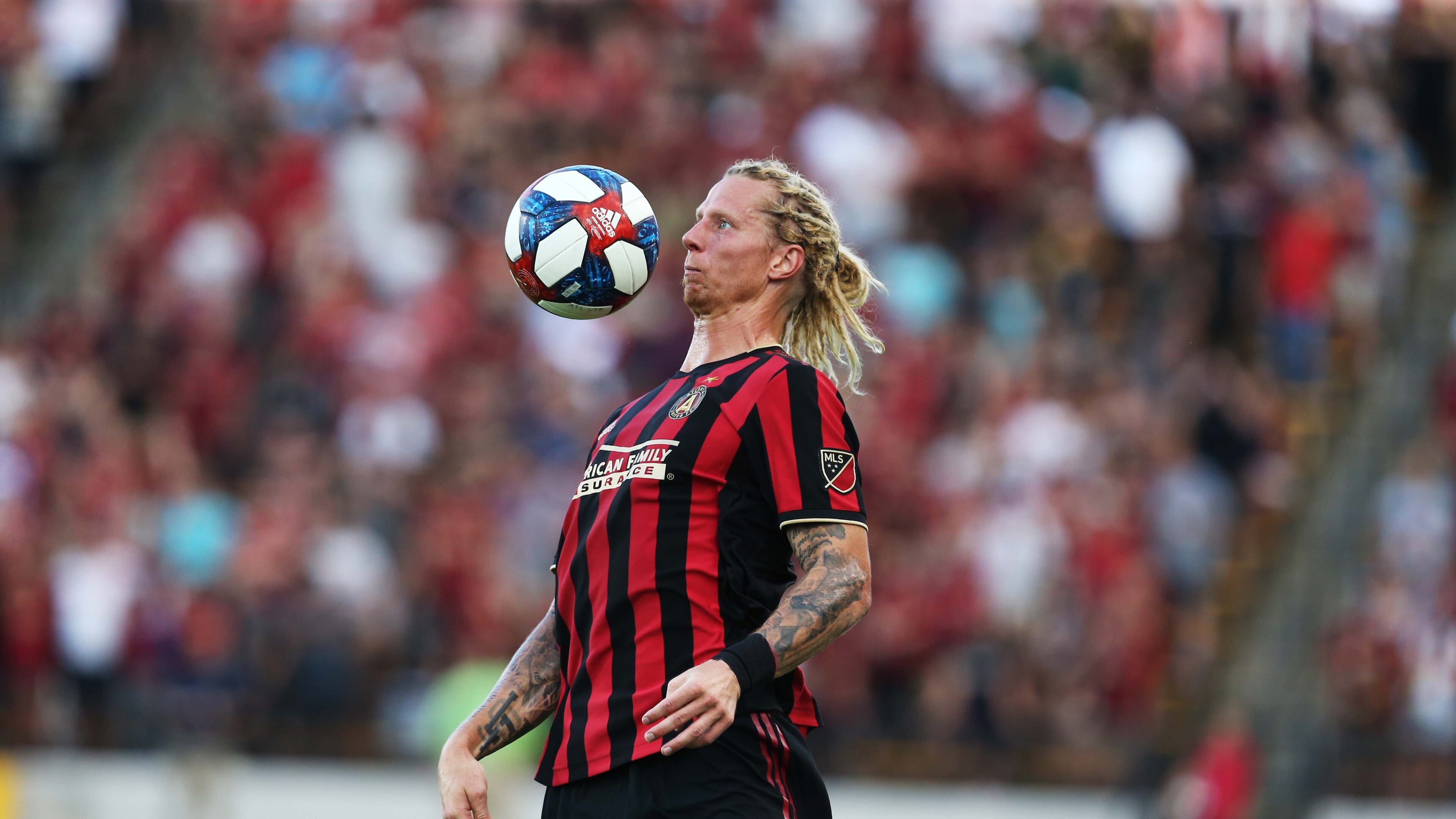 June 10, 2019 Kennesaw- Brek Shea, 20, defender for Atlanta United, chests the ball during the first half of a match between Atlanta United and Saint Louis FC at Kennesaw State University in Kennesaw, Georgia on Wednesday, July 10, 2019. Atlanta United and Saint Louis were tied 0-0 at the end of the first half. Christina Matacotta/Christina.Matacotta@ajc.com