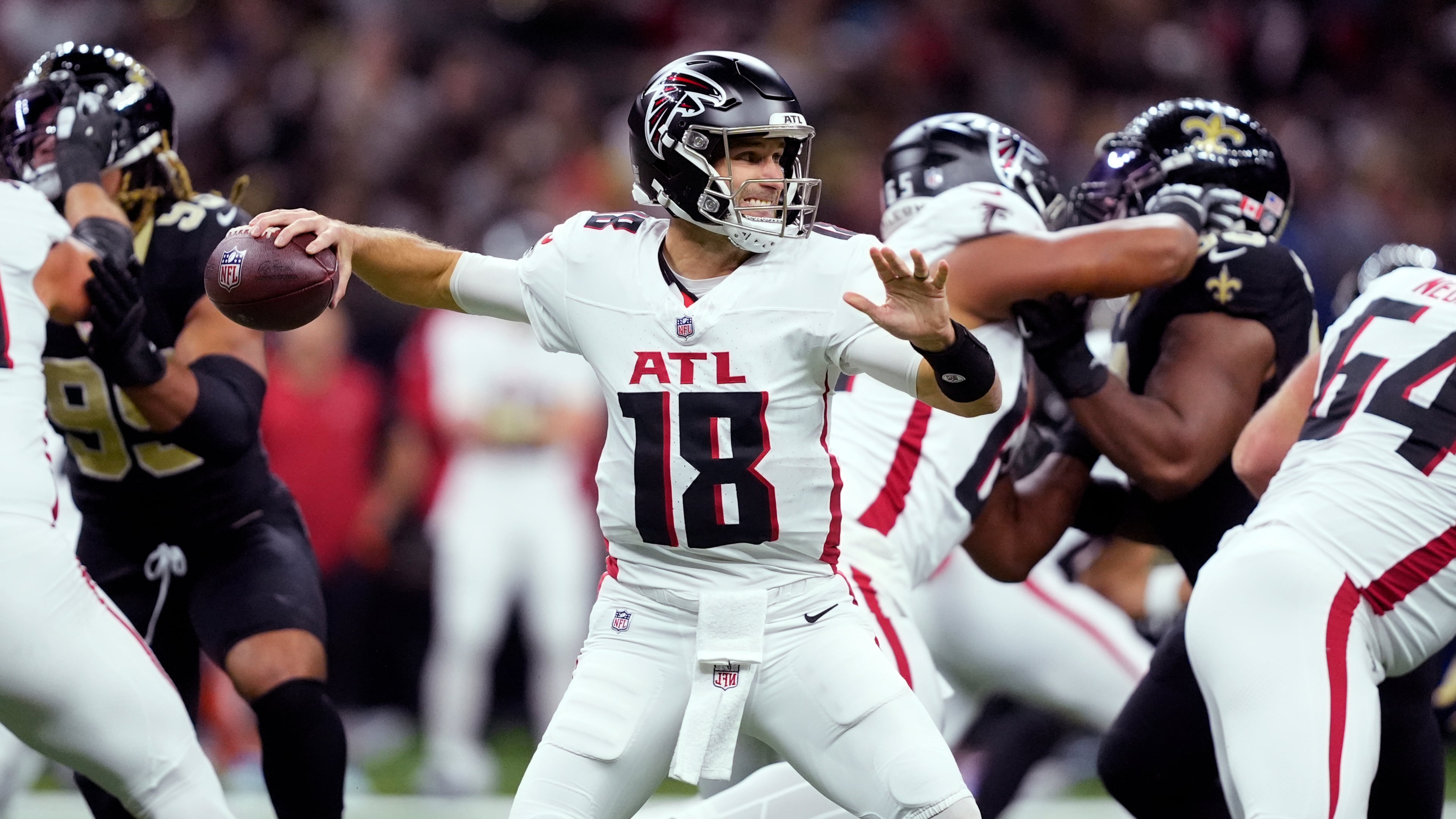 Atlanta Falcons quarterback Kirk Cousins drops back to pass against the New Orleans Saints in the first half of an NFL football game, Sunday, Nov. 23, 2025, in New Orleans. (Gerald Herbert/AP)
