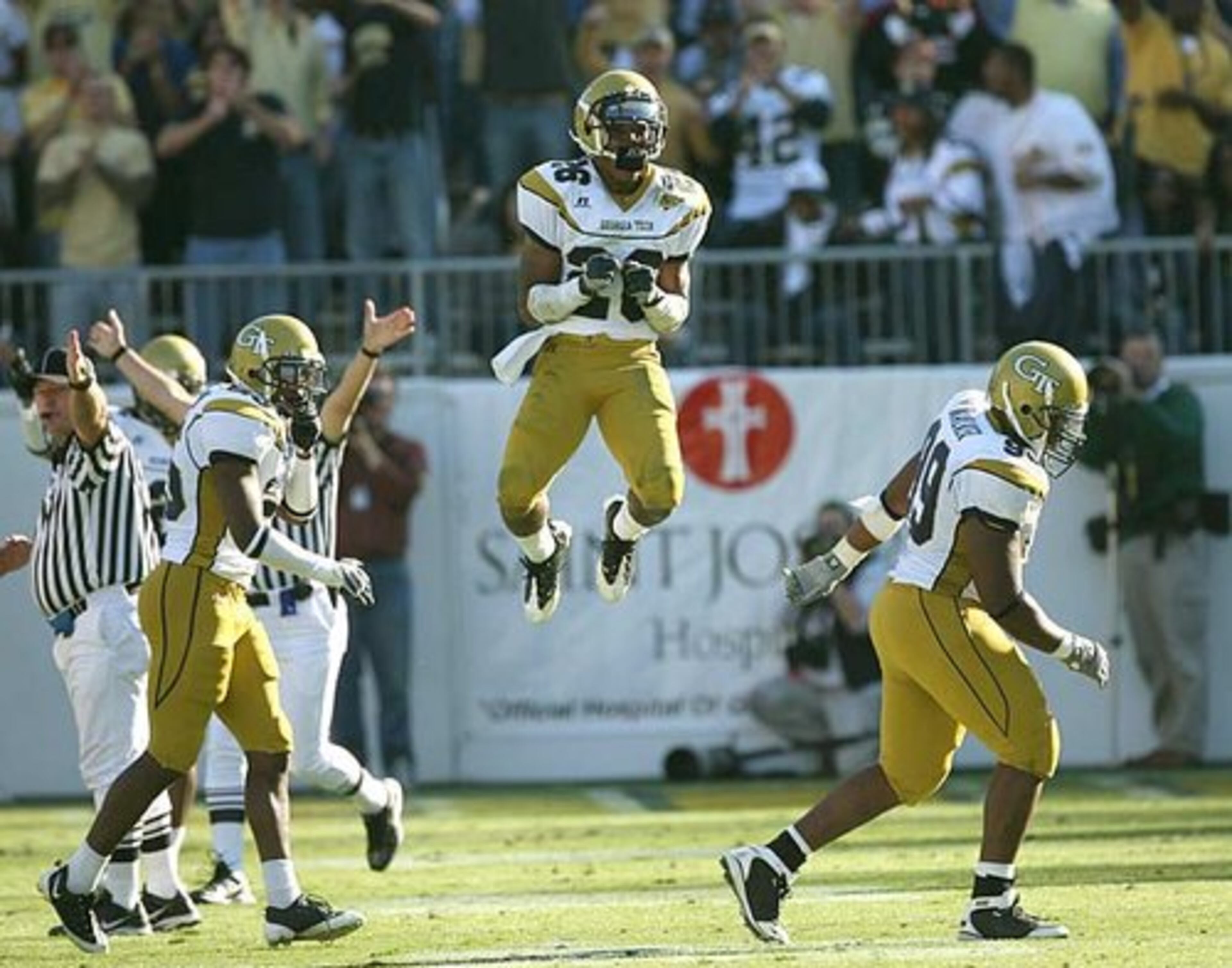 Georgia Tech's Dominique Reese jumps in the air after making an interception in the second quarter.