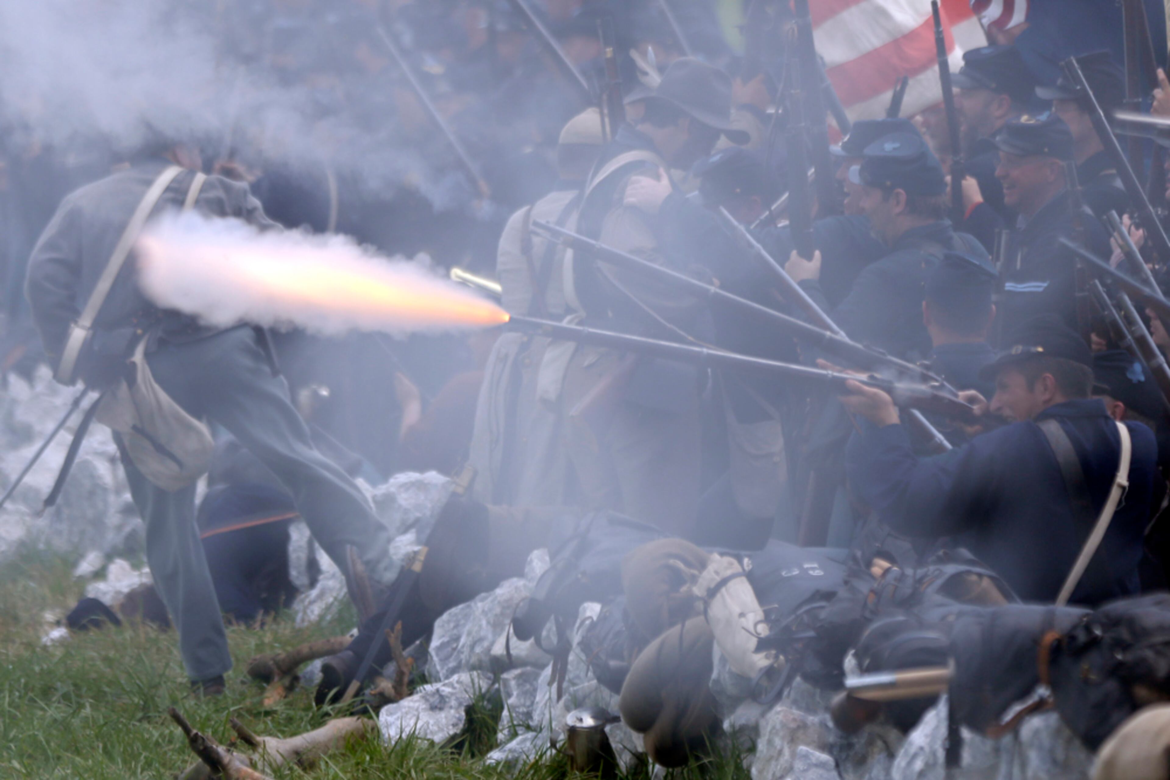 BATTLE OF GETTYSBURG--Re-enactors recreate Pickett's Charge during ongoing activities commemorating the 150th anniversary of the Battle of Gettysburg, Sunday, June 30, 2013, at Bushey Farm in Gettysburg, Pa. Union forces turned away a Confederate advance in the pivotal battle of the Civil War fought July 1-3, 1863, which was also the war's bloodiest conflict with more than 51,000 casualties. (AP Photo/Matt Rourke)