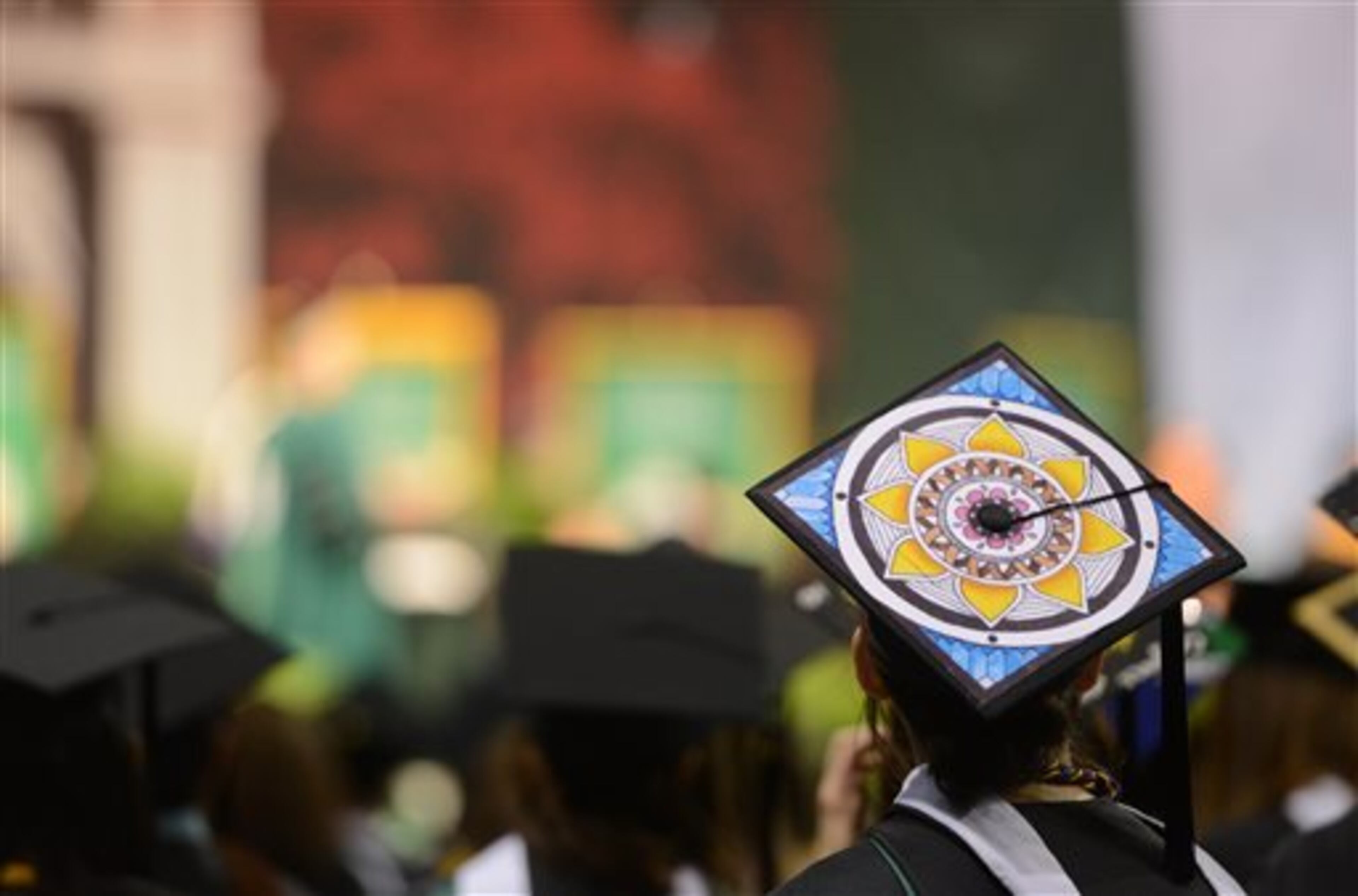 A student wears a colorfully decorated graduation cap, Sunday, May 11, 2014, during Marywood University's commencement ceremony at the Mohegan Sun Arena in Wilkes-Barre, Pa. (AP Photo/The Citizens' Voice, Andrew Krech) MANDATORY CREDIT