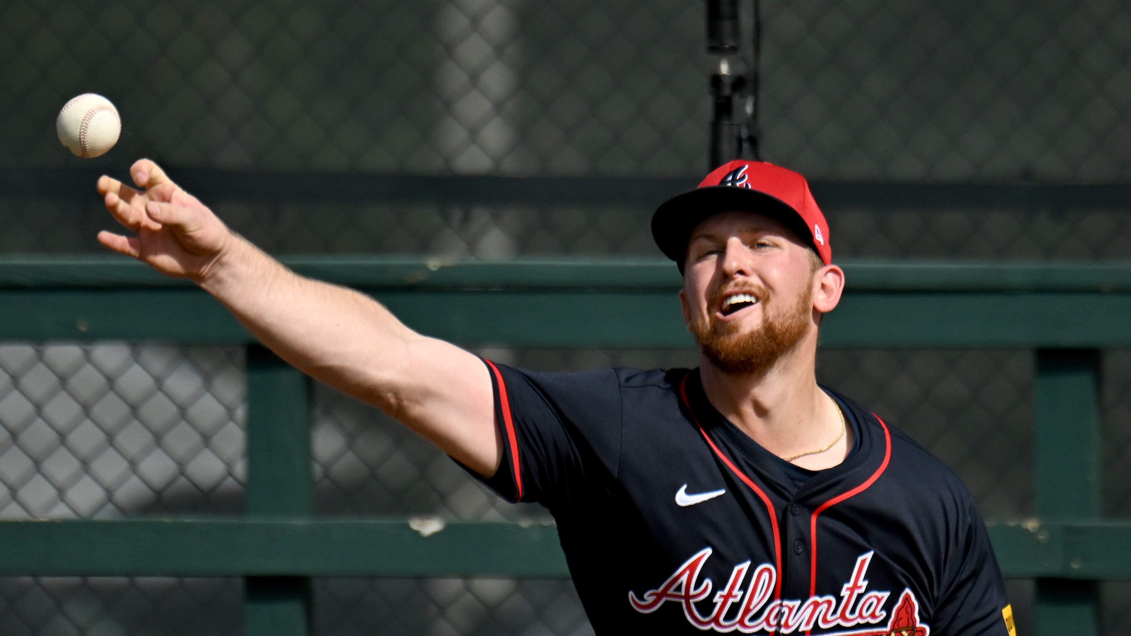 Atlanta Braves pitcher Spencer Schwellenbach throws a ball during spring training workouts at CoolToday Park, Thursday, February 13, 2025, North Port, Florida. (Hyosub Shin / AJC)