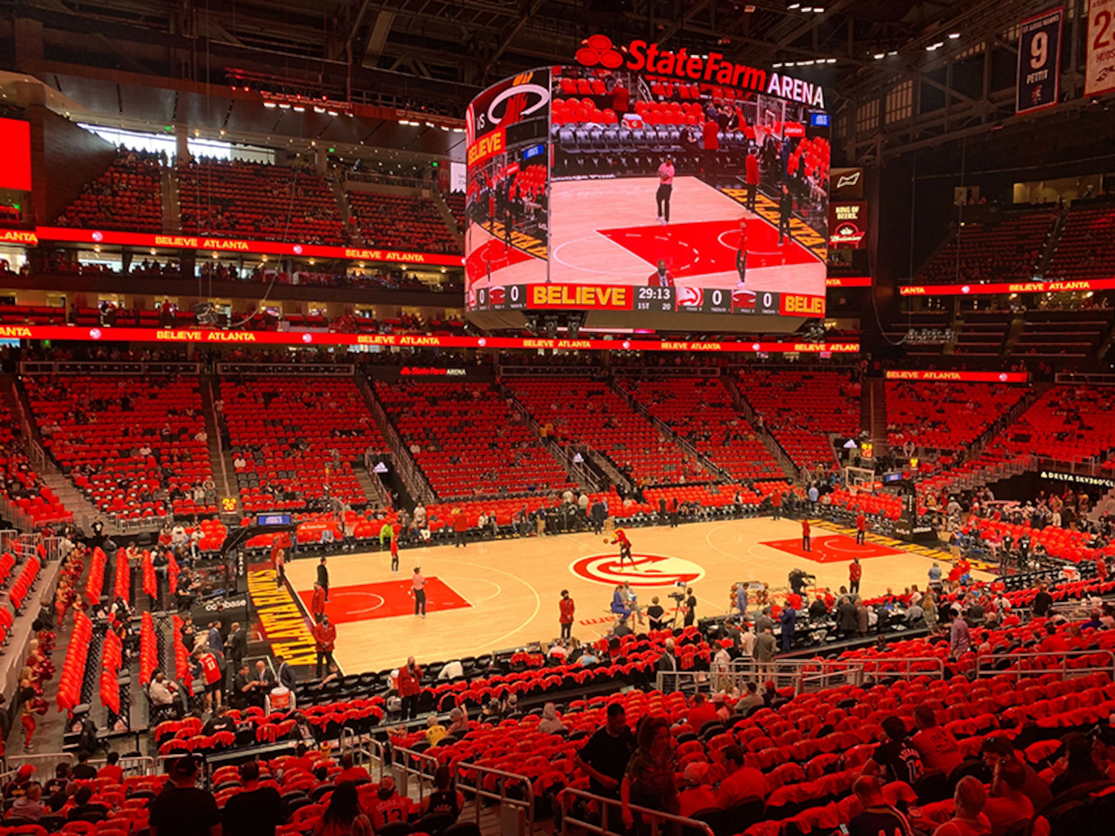 While roads to State Farm Arena were being blocked because of a suspicious package, the venue was nearly empty during a delay for the game Friday, April 22, 2022. The Hawks face the Heat in Game 3 of the first-round playoff series. (Photo: Sarah K. Spencer/The Atlanta Journal-Constitution)