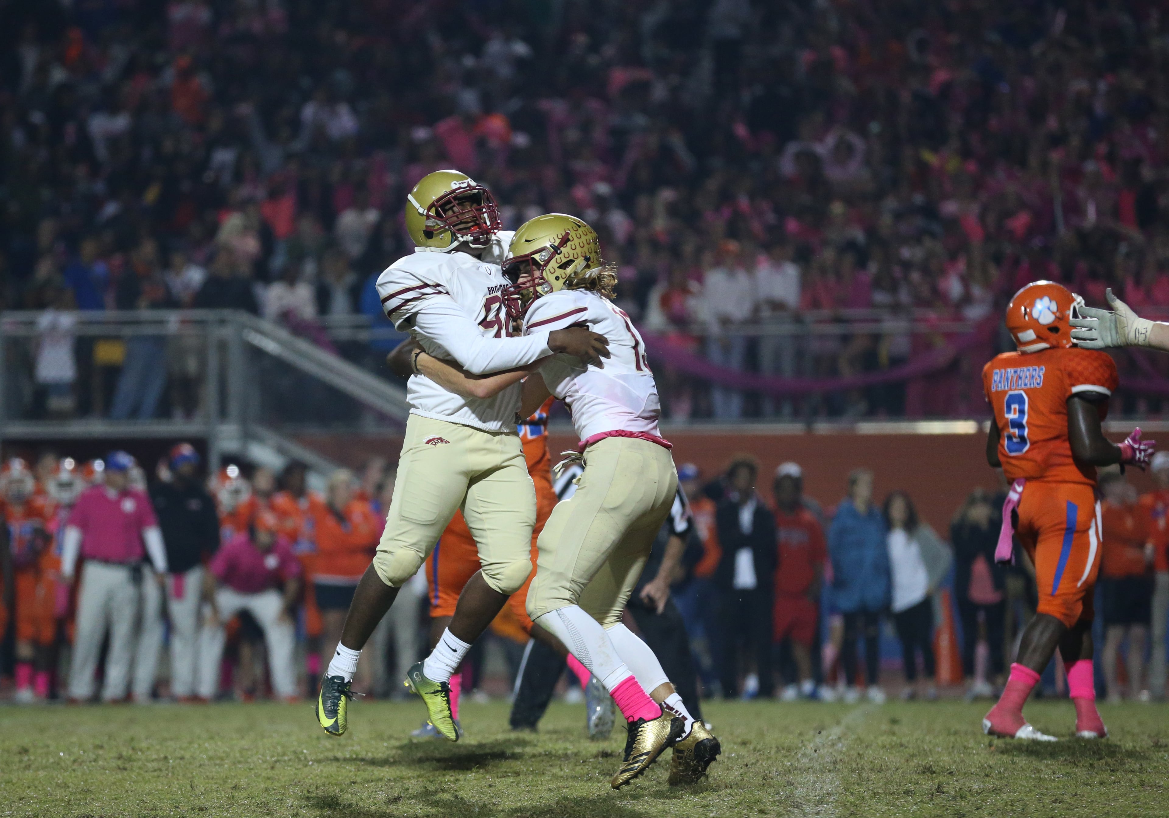 October 20, 2017 - Lilburn, Ga: Brookwood kicker Jonah Randle (94, left) celebrates his game-winning field goal with holder Cameron Barrington (13) in the second half of their game against Parkview at Parkview High School Friday, October 20, 2017, in Lilburn, Ga.. Brookwood won 30-27. PHOTO / JASON GETZ