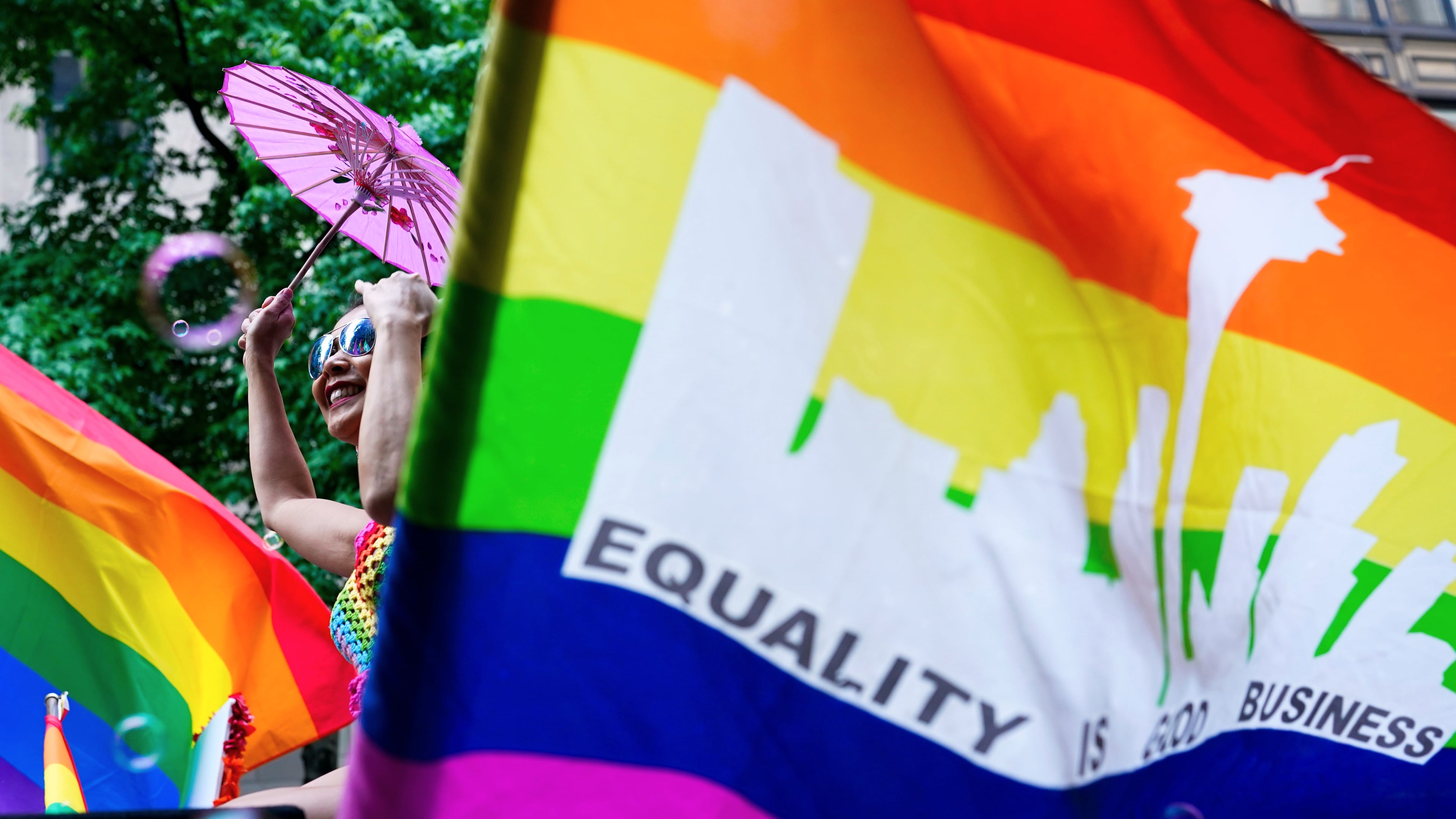 FILE - Sasha Peretti dances on the Greater Seattle Business Association float during the annual Seattle Pride Parade, June 25, 2023, in Seattle. (AP Photo/Lindsey Wasson, File)