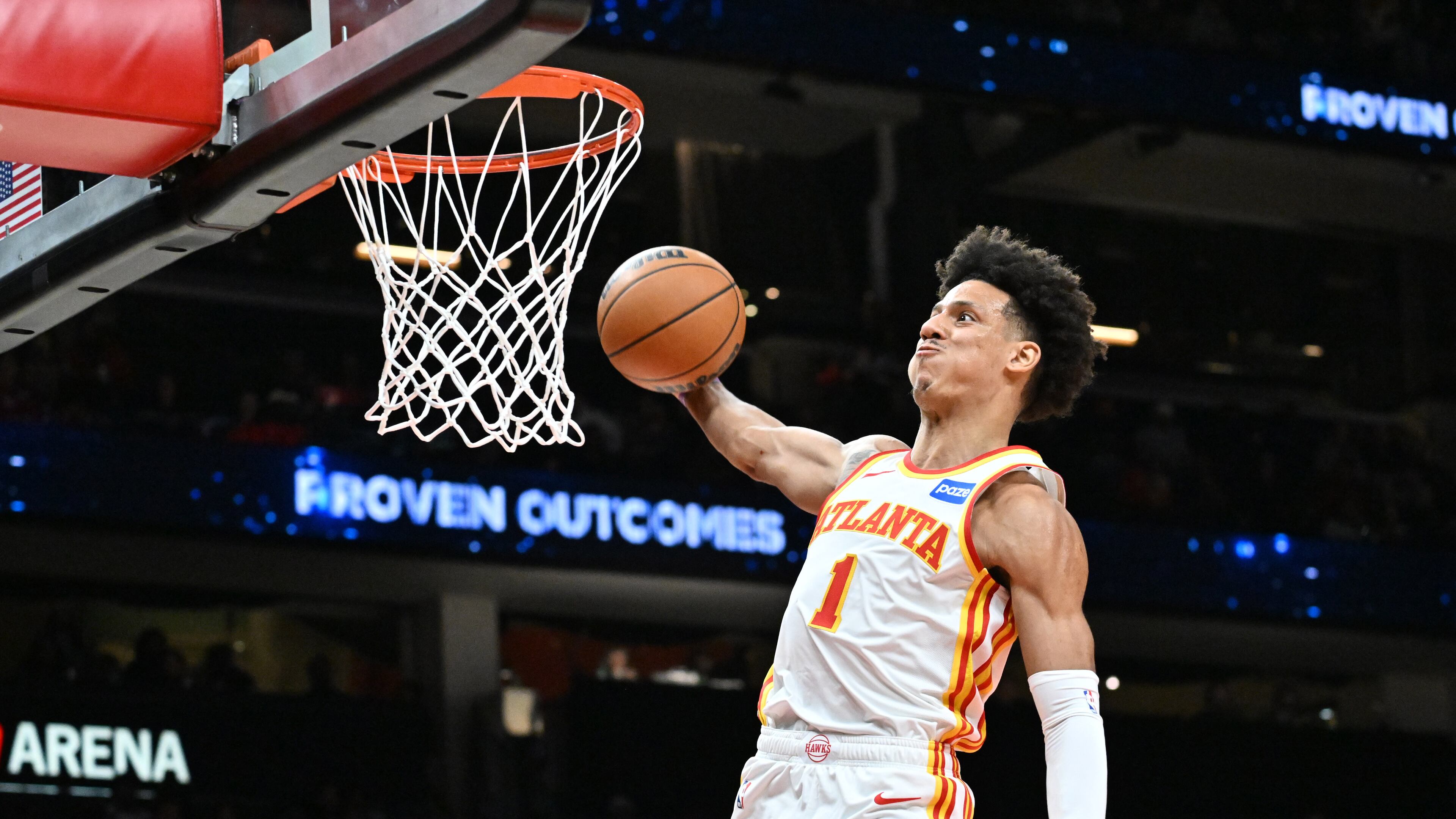 Hawks forward Jalen Johnson, a first-time All-Star selection, is one of the players who is leading the push toward a possible playoff spot this season. (Hyosub Shin/AJC)