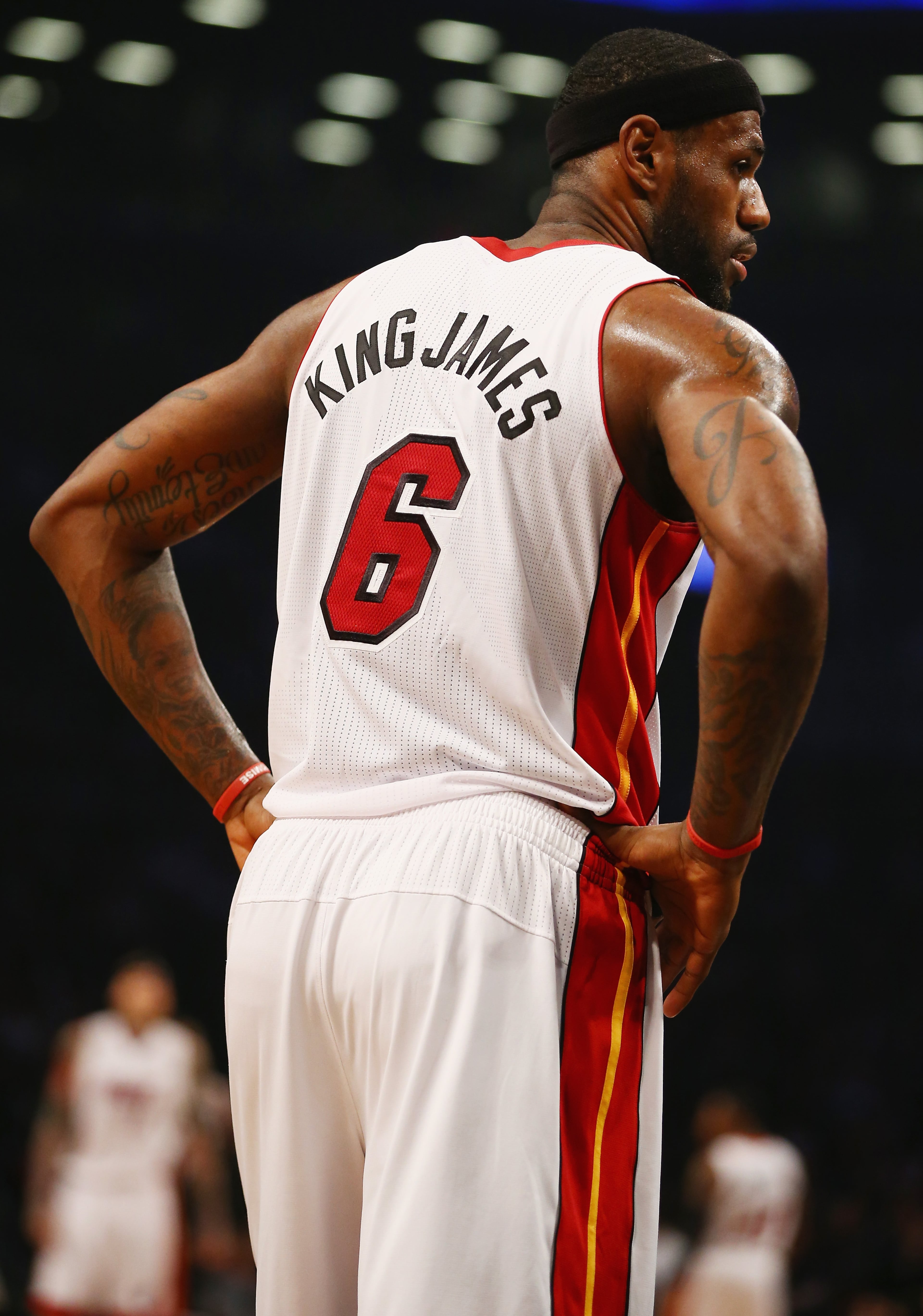 LeBron James #6 of the Miami Heat is seen with his nickname King James on the back of his jersey against the Brooklyn Nets during their game at the Barclays Center on January 10, 2014 in New York City.
