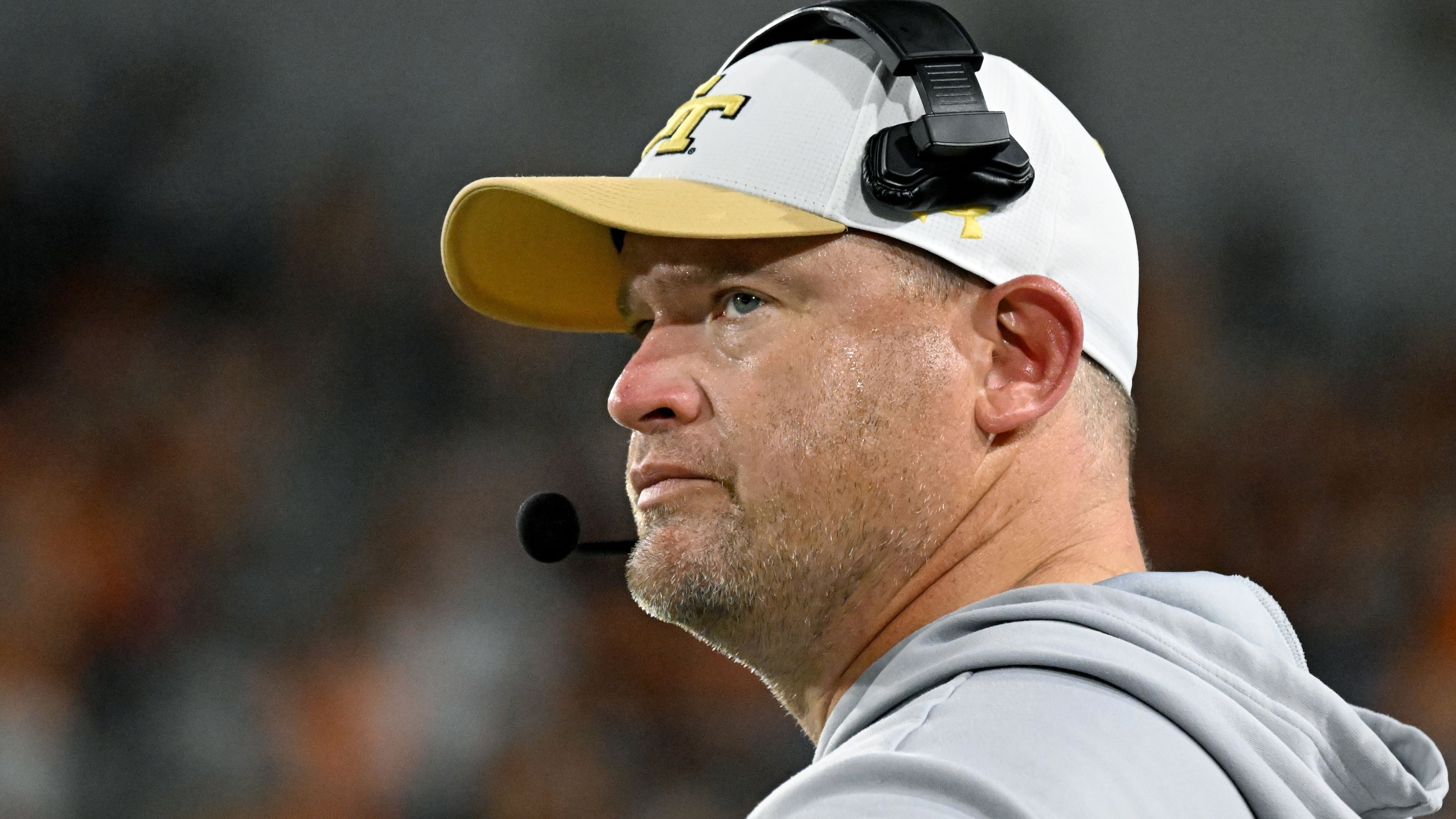 Georgia Tech head coach Brent Key reacts during the second half in an NCAA college football game at Bobby Dodd Stadium on Saturday, Sept. 12, 2026, in Atlanta. Tennessee defeated Georgia Tech 45-24. (Hyosub Shin/AJC)