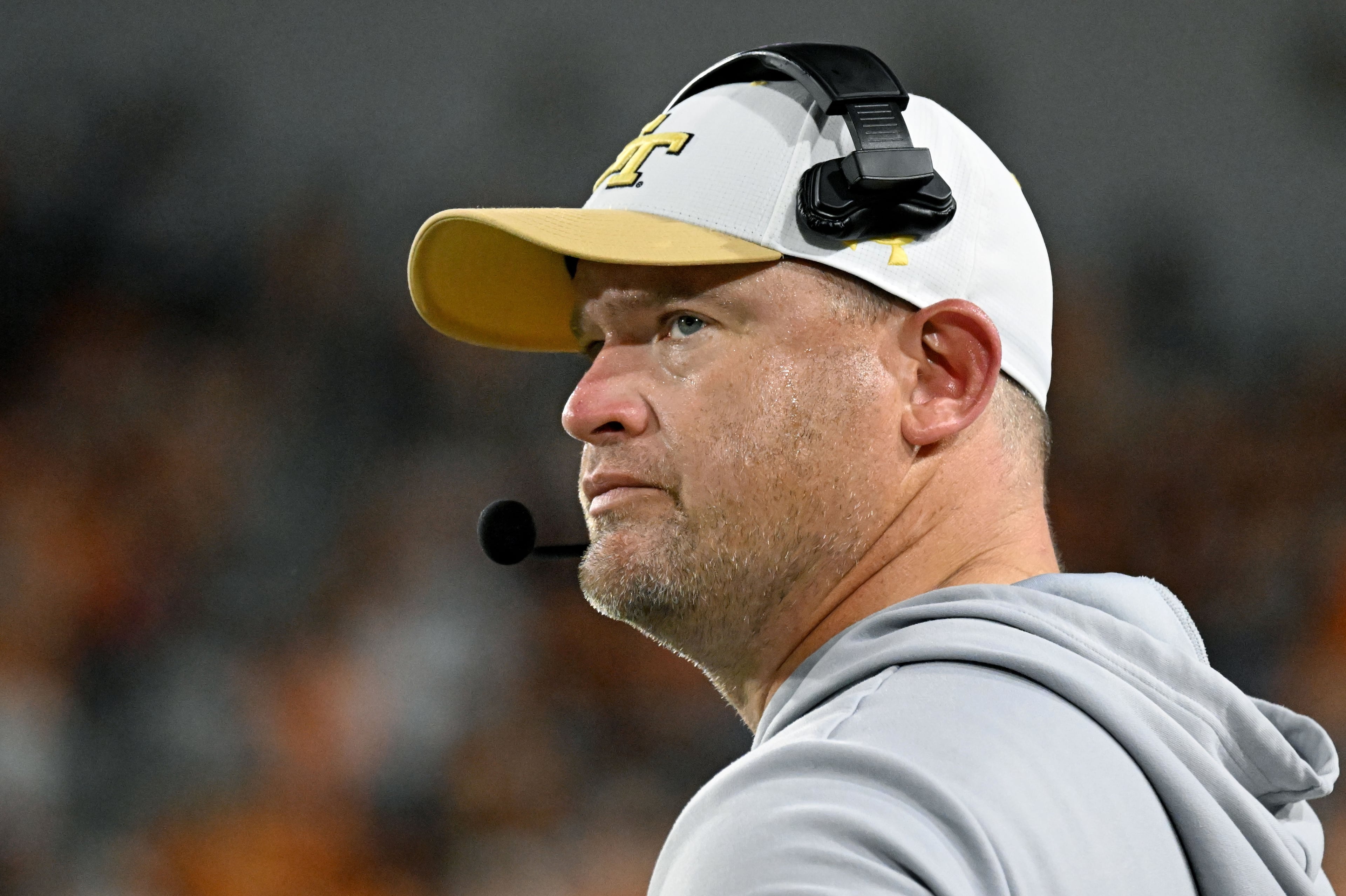 Georgia Tech head coach Brent Key reacts during the second half in an NCAA college football game at Bobby Dodd Stadium on Saturday, Sept. 12, 2026, in Atlanta. Tennessee defeated Georgia Tech 45-24. (Hyosub Shin/AJC)