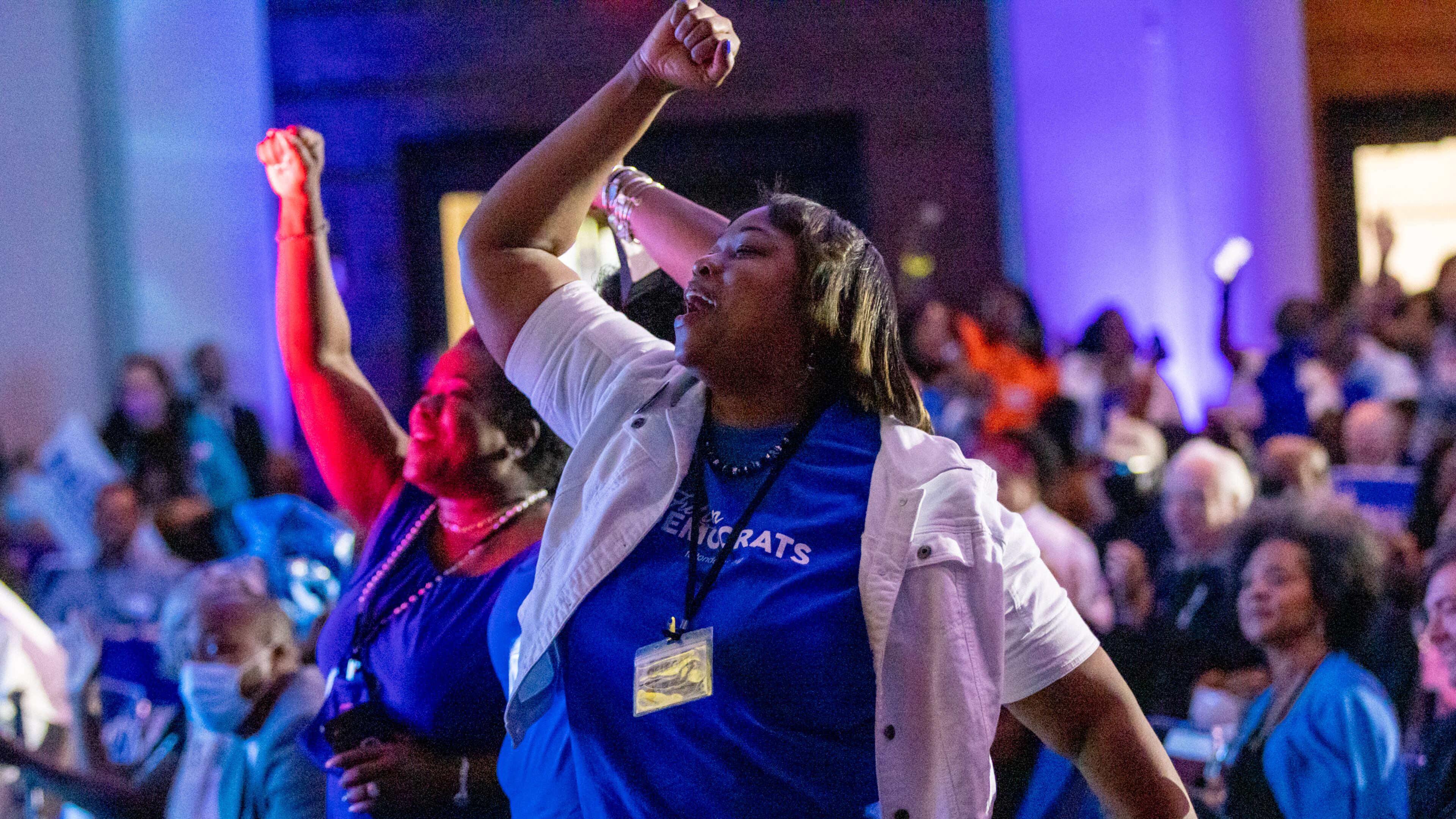 People cheer on the speakers at the Democratic Party of Georgia’s State Convention in Columbus, on Saturday, August 27, 2022. (Photo: Steve Schaefer / steve.schaefer@ajc.com)