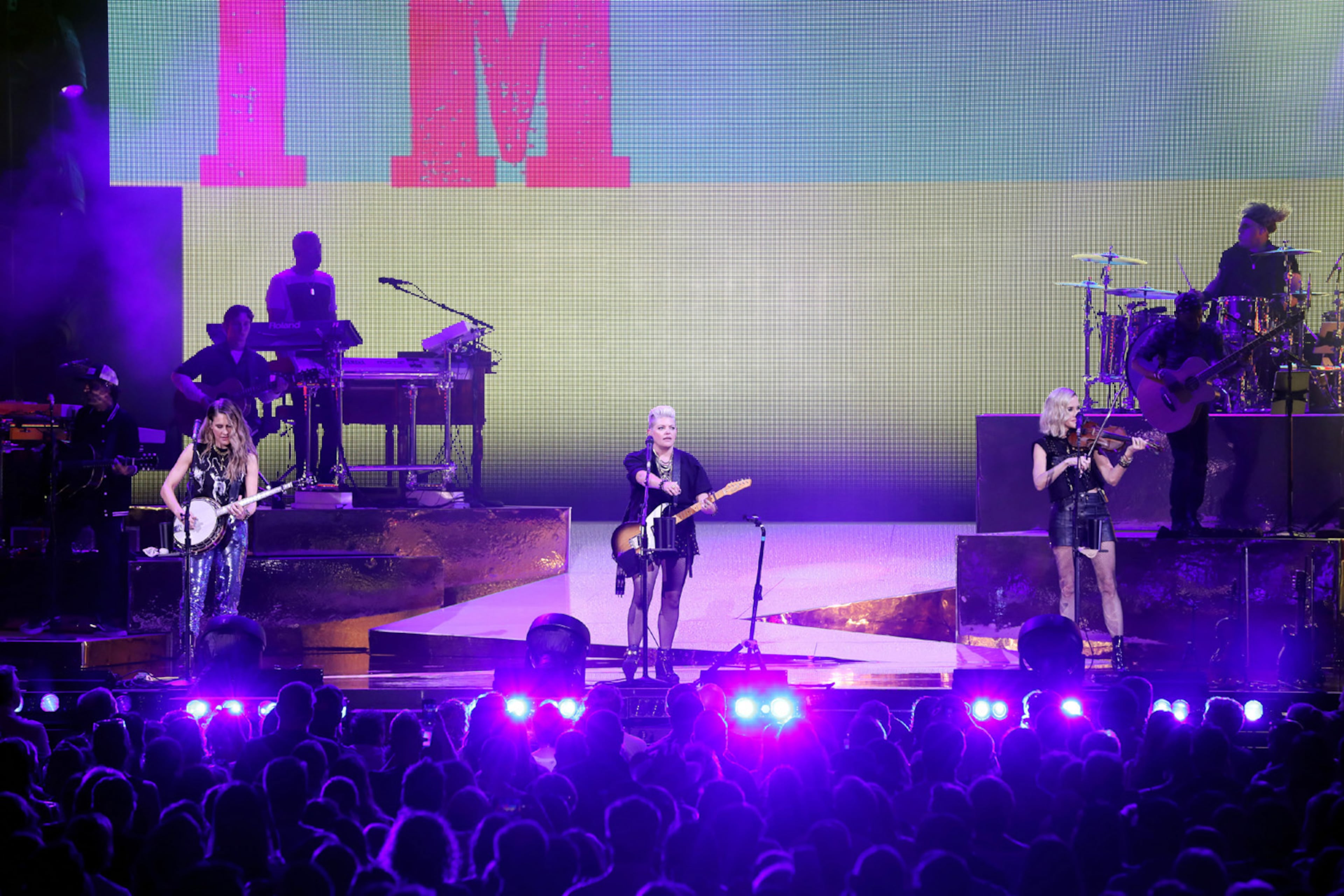 The Chicks, featuring Emily Strayer, Natalie Maines and Martie Maguire, performed for a sellout crowd Saturday night, July 16, 2022, at Ameris Bank Amphitheatre in Alpharetta. (Photo: Robb Cohen for The Atlanta Journal-Constitution)