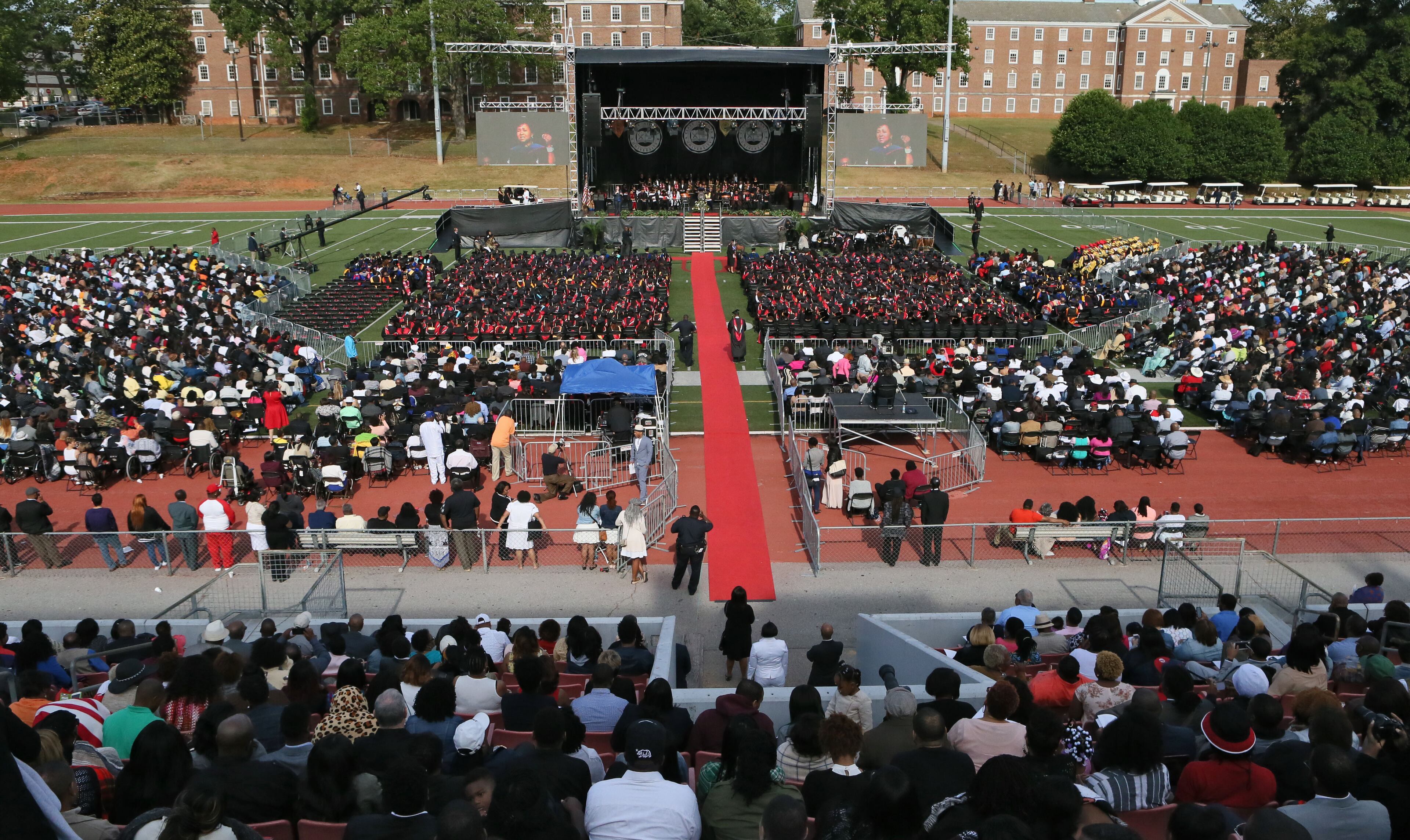 May 16, 2016 - Atlanta - Clark Atlanta University class of 2016 filled Panther Stadium Monday morning for it's 27th annual Commencement Service. The keynote speaker was retired astronaut Mae Jemison, the first woman of color in Space. Honorary degrees were awarded to Hamilton Bohannon, a 1964 graduate of Clark College; Roland Carter; Congressman John Conyers, and Congressman Hank Johnson, a 1976 Clark College graduate. BOB ANDRES / BANDRES@AJC.COM