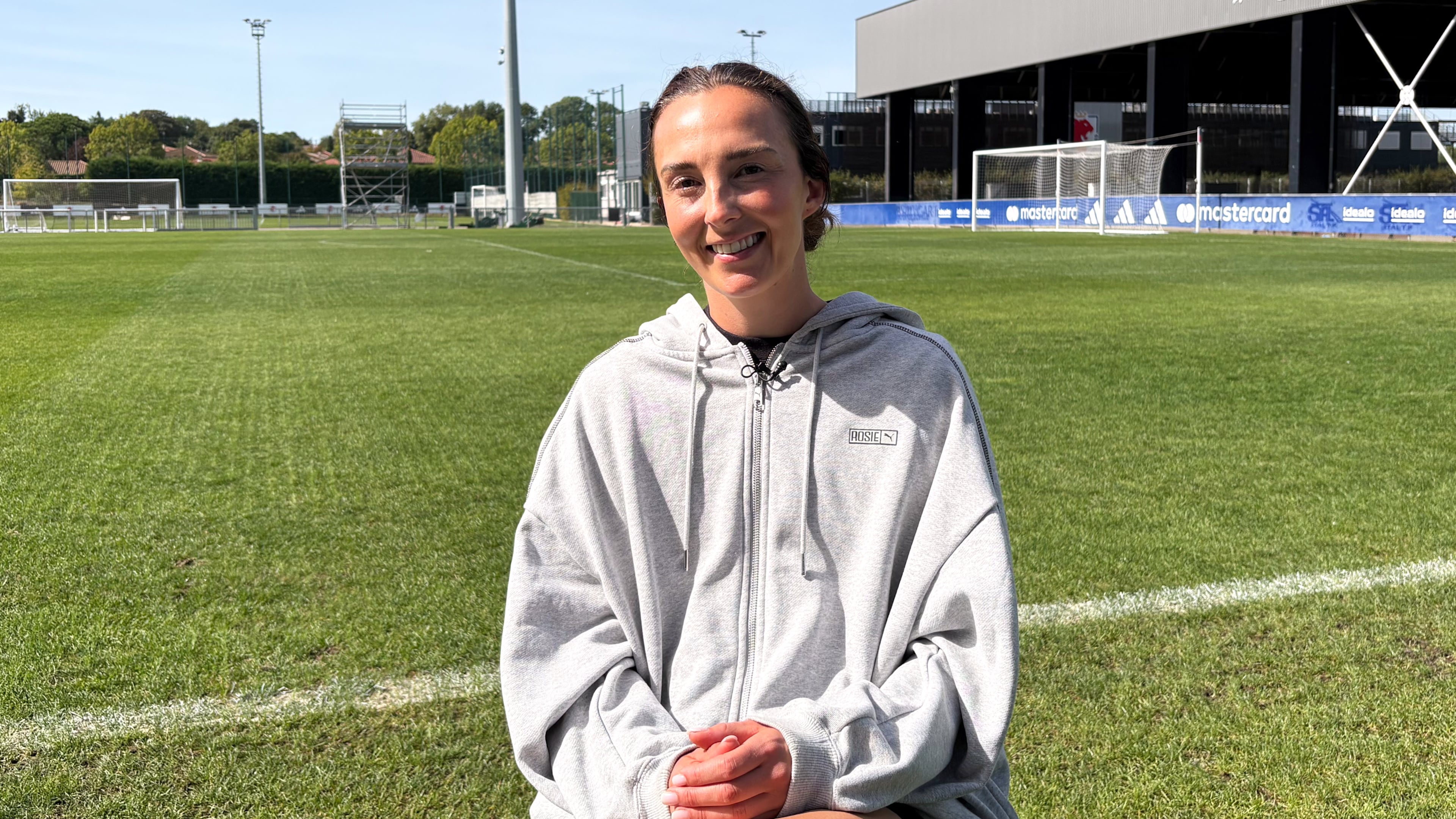 OL Lyonnes midfielder Caroline Weir sits down for an interview at the club's training ground ahead of the start of the Women's Champions League, Monday, Sept. 21, 2026, in Lyon, France. (AP Photo/Jerome Pugmire)